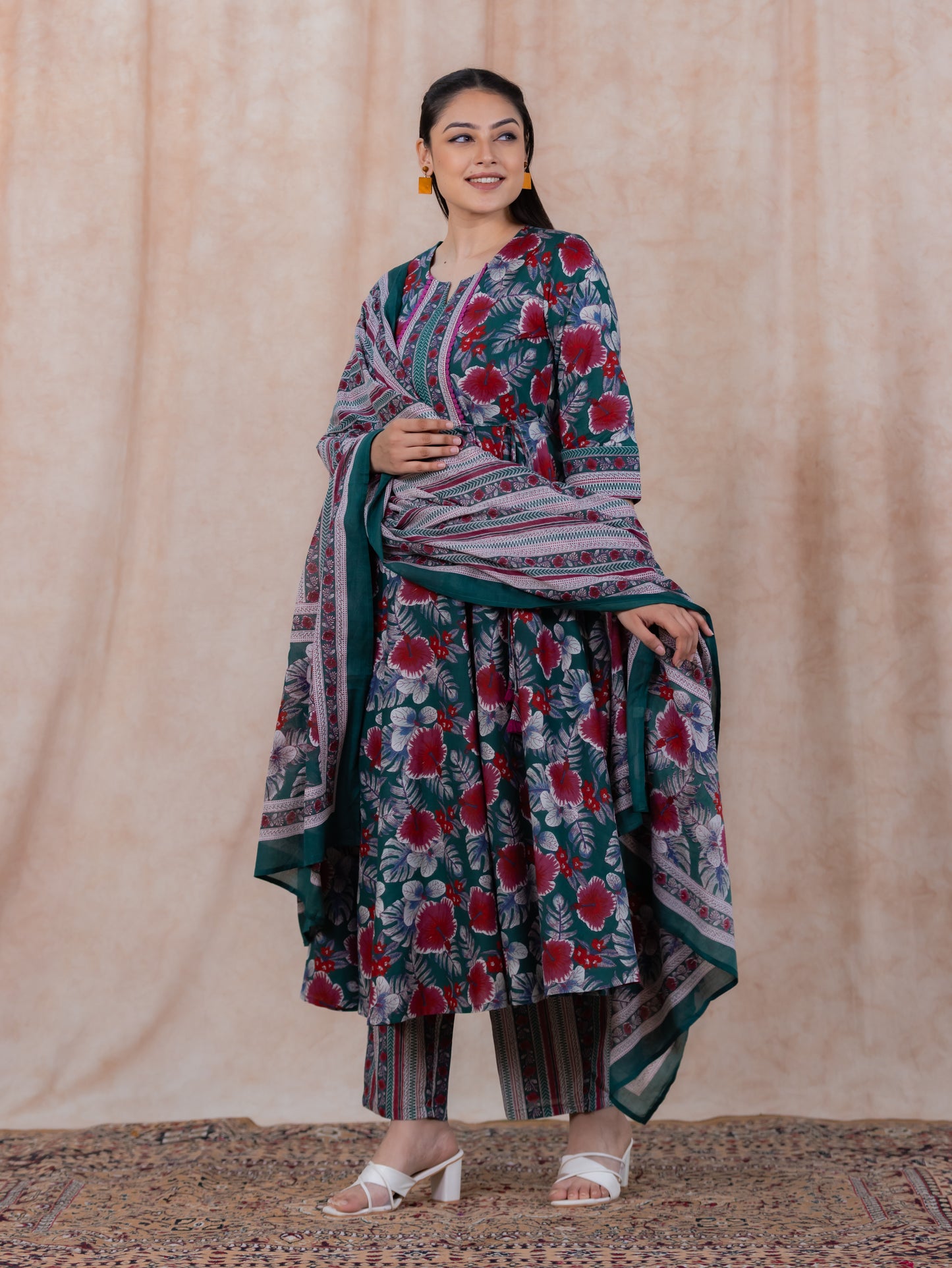 Soft Cotton Floral Anarkali Green Kurta