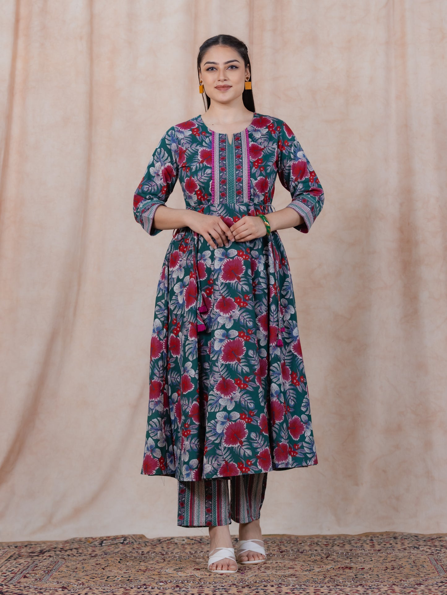 Soft Cotton Floral Anarkali Green Kurta