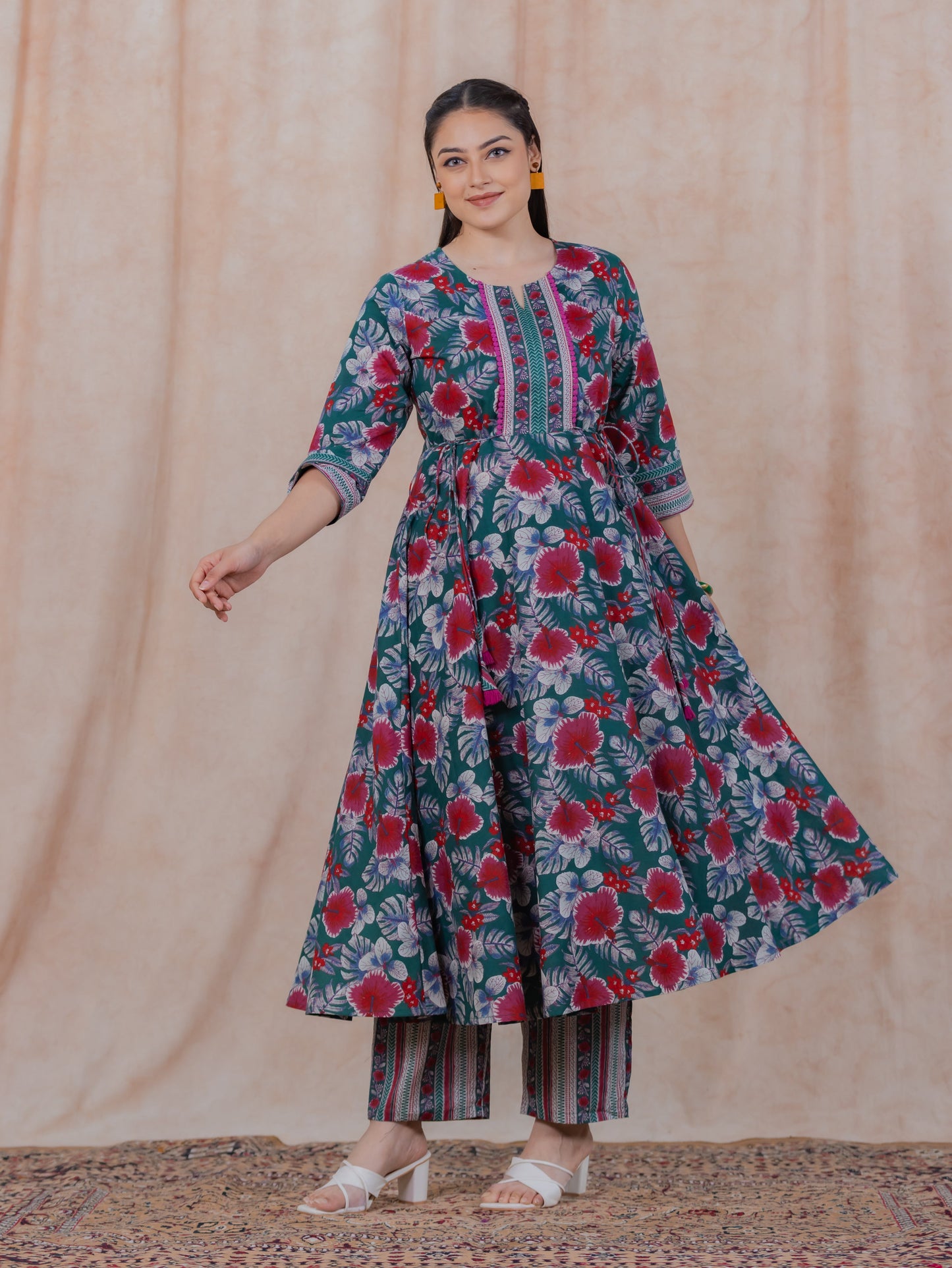 Soft Cotton Floral Anarkali Green Kurta
