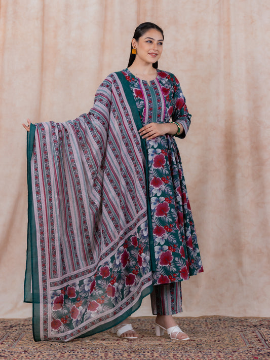 Soft Cotton Floral Anarkali Green Kurta