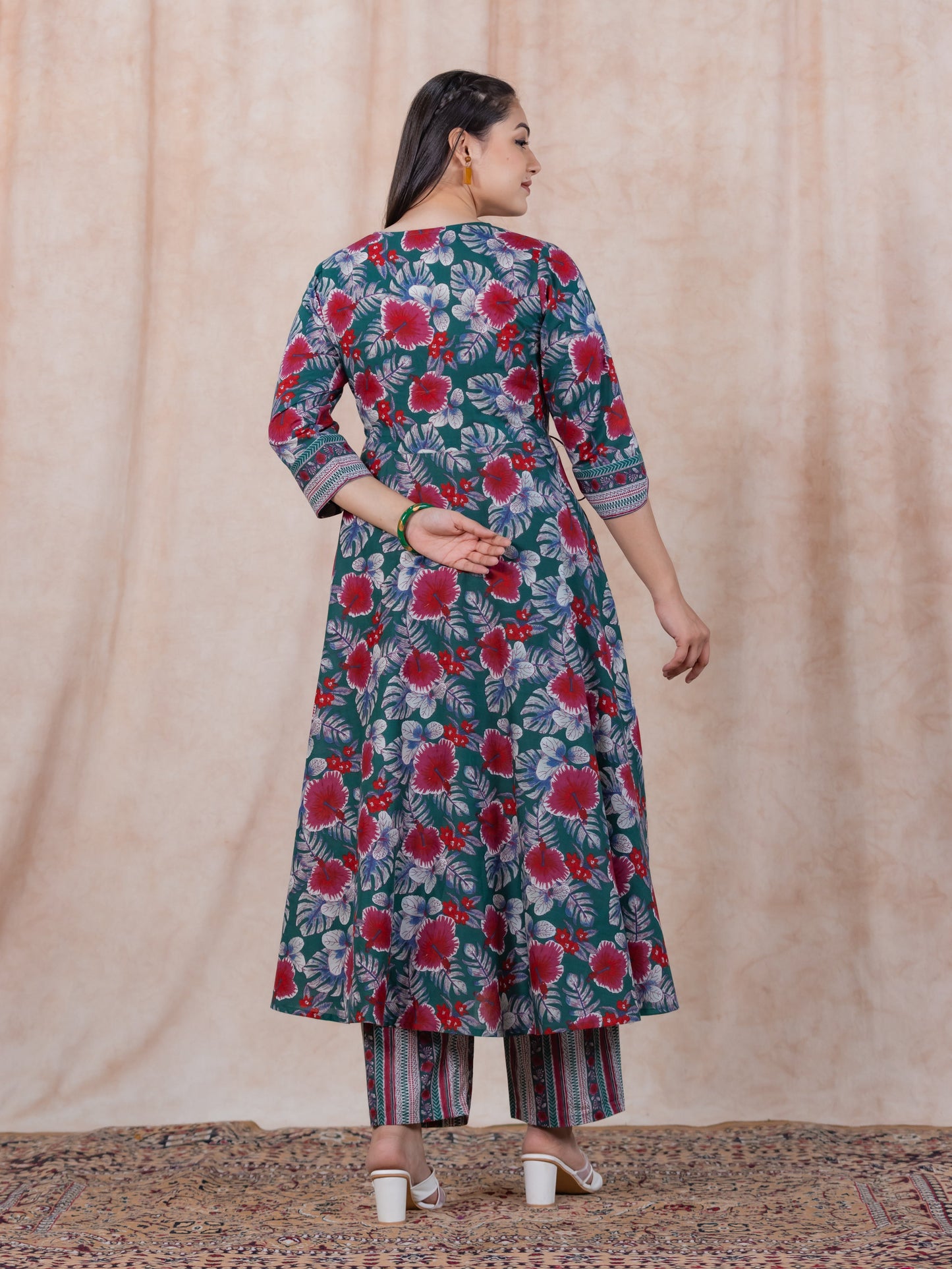 Soft Cotton Floral Anarkali Green Kurta