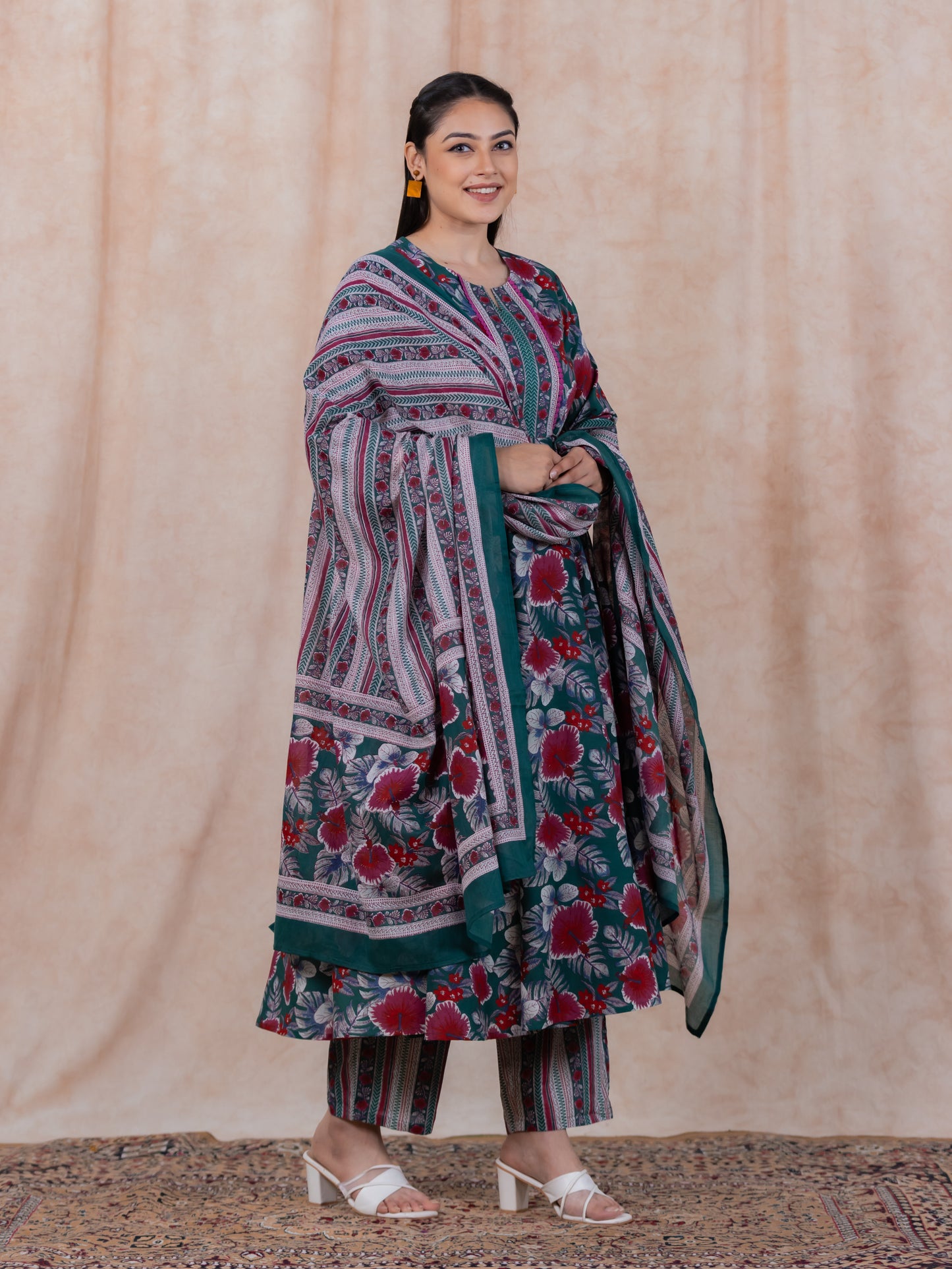 Soft Cotton Floral Anarkali Green Kurta