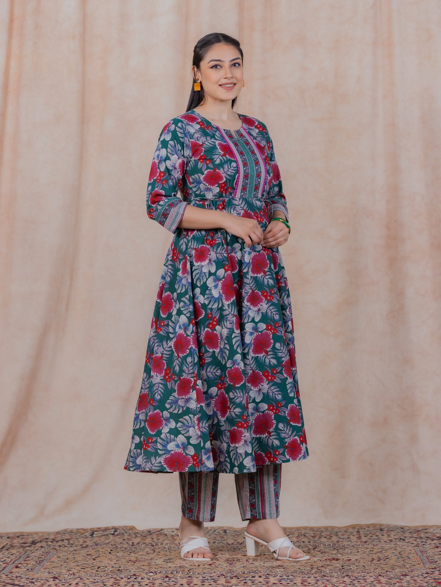 Soft Cotton Floral Anarkali Green Kurta