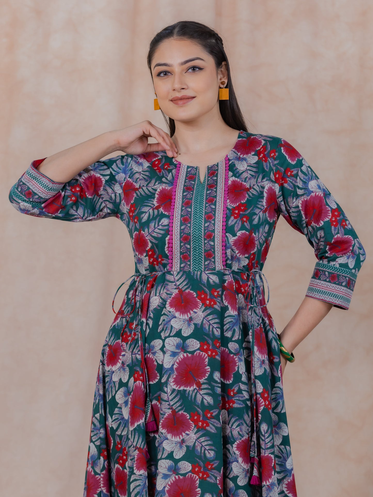 Soft Cotton Floral Anarkali Green Kurta