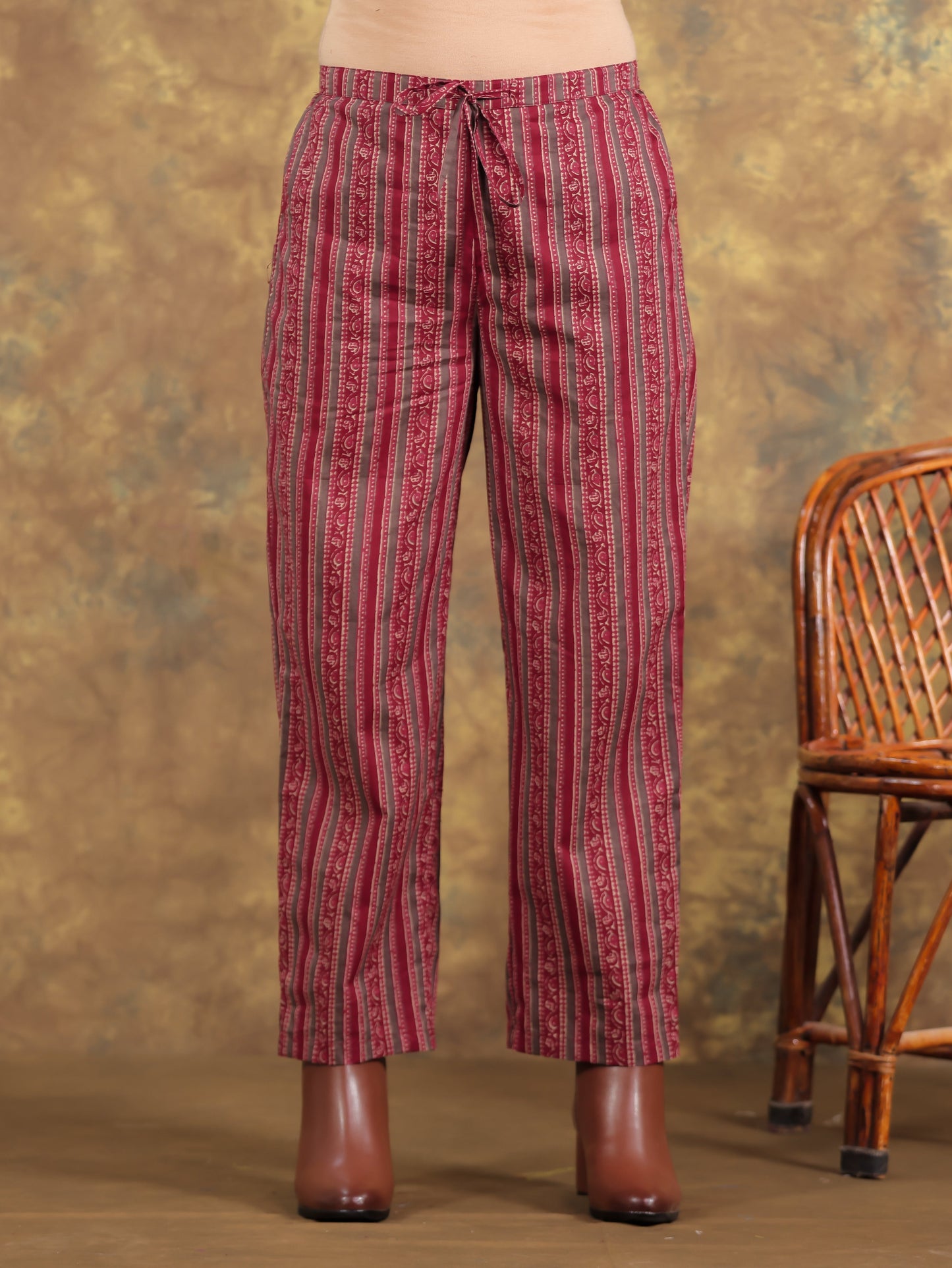 Soft Cotton Striped Maroon Straight Trousers