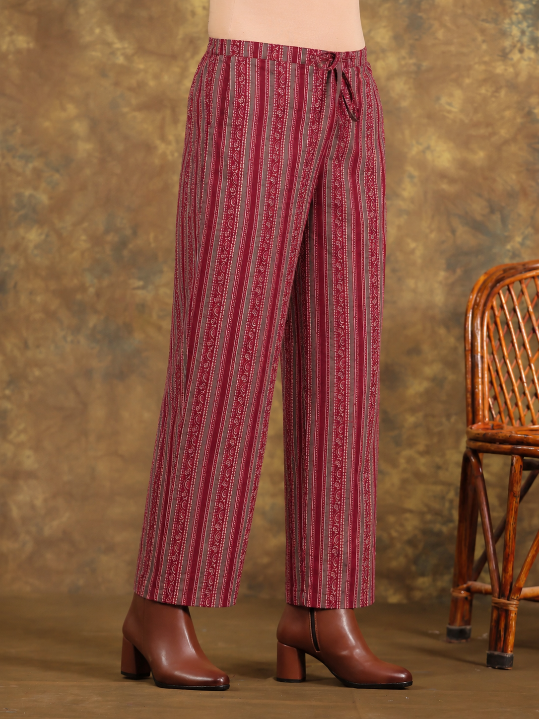 Soft Cotton Striped Maroon Straight Trousers