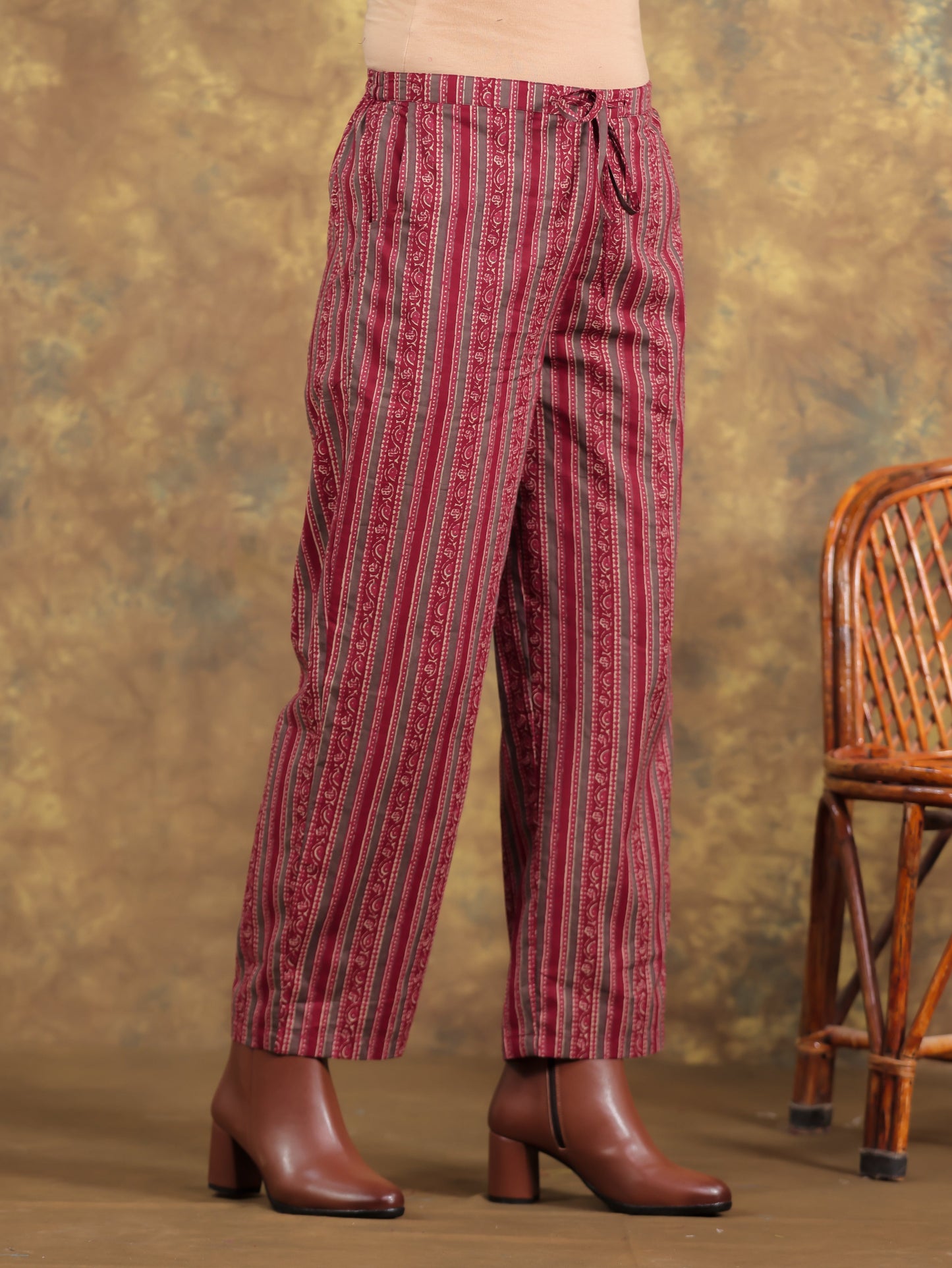 Soft Cotton Striped Maroon Straight Trousers