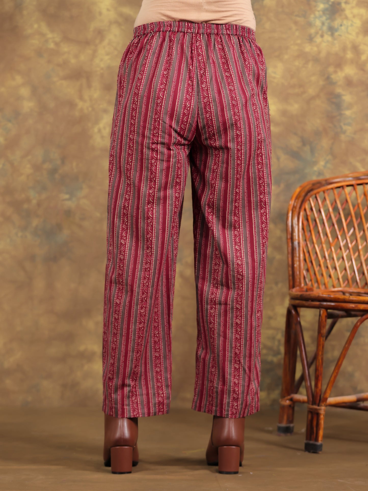 Soft Cotton Striped Maroon Straight Trousers