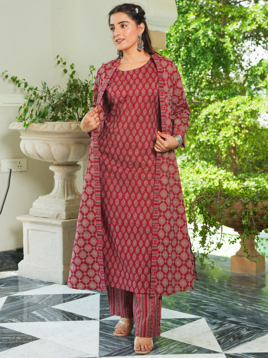 Soft Cotton Geometric Maroon Jacket