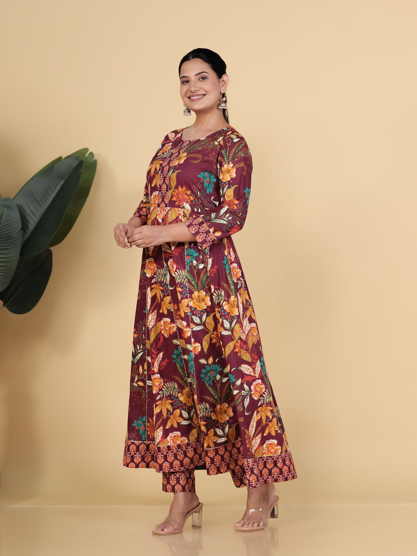 Soft Cotton Floral Anarkali Purple Kurta