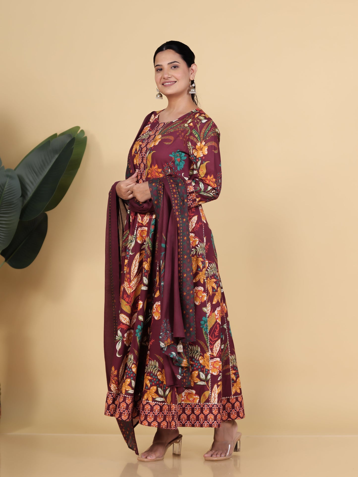 Soft Cotton Floral Anarkali Purple Kurta