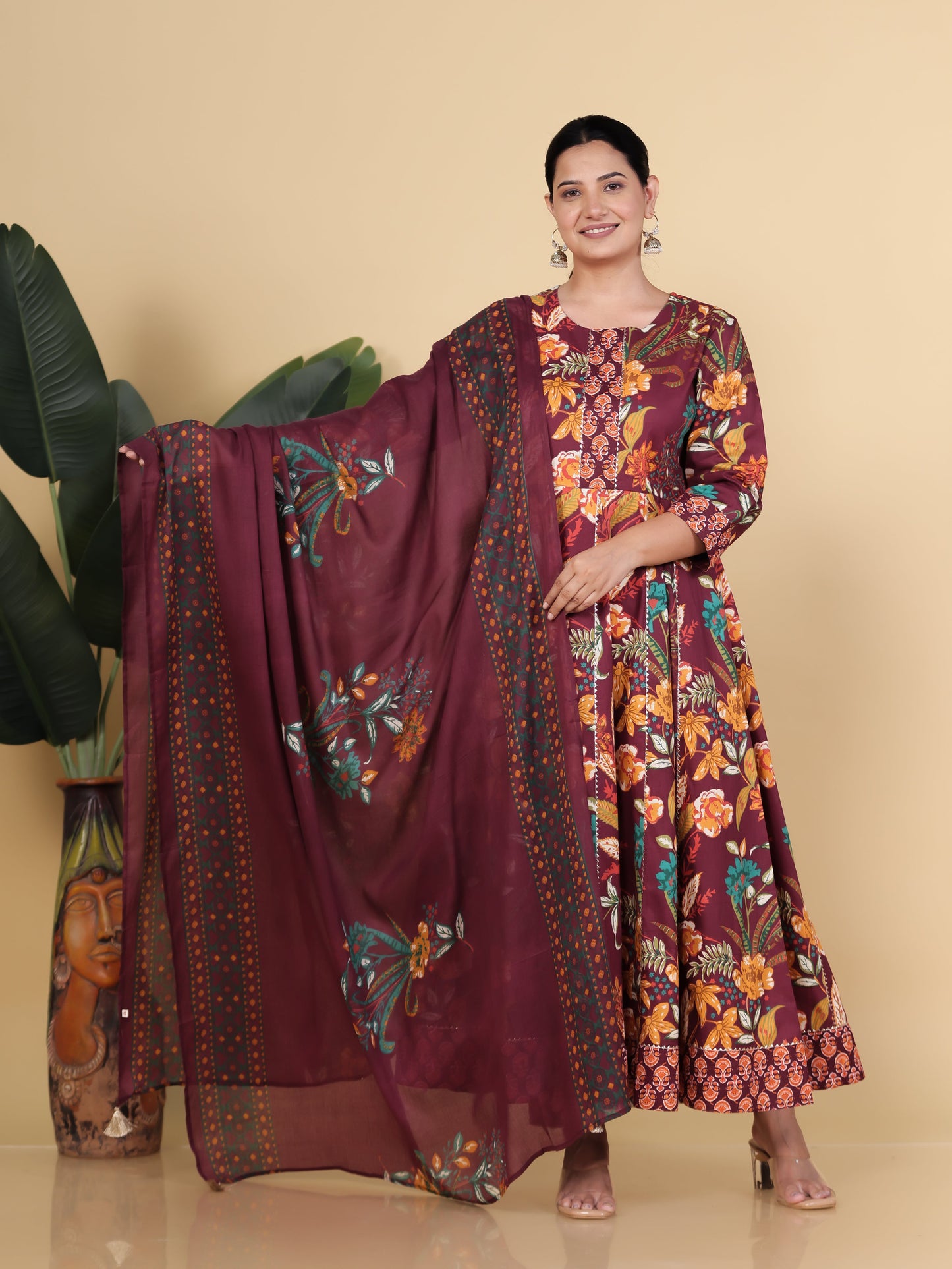 Soft Cotton Floral Anarkali Purple Kurta