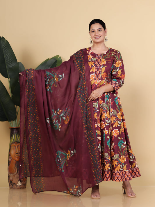 Soft Cotton Floral Anarkali Purple Kurta