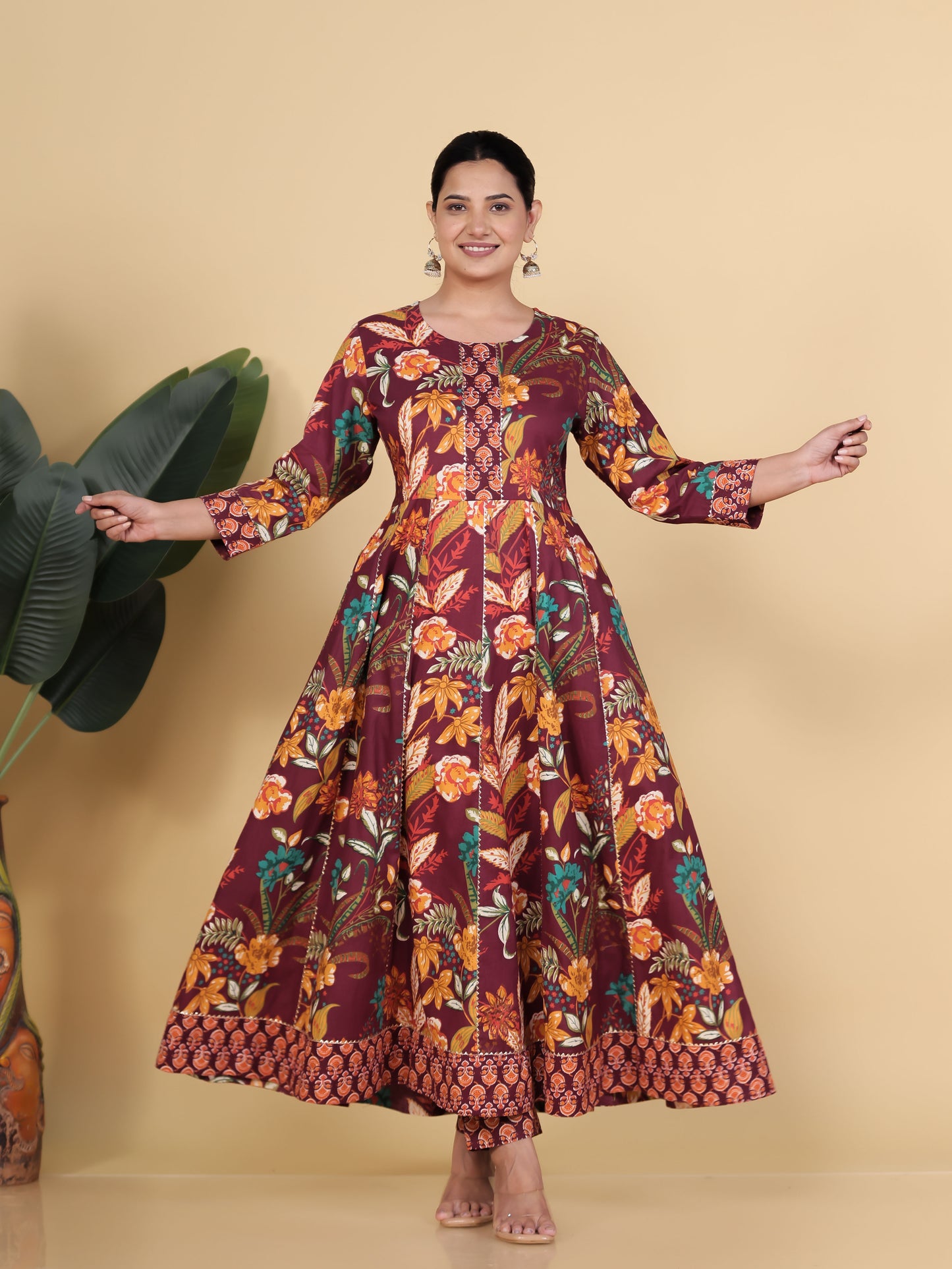Soft Cotton Floral Anarkali Purple Kurta