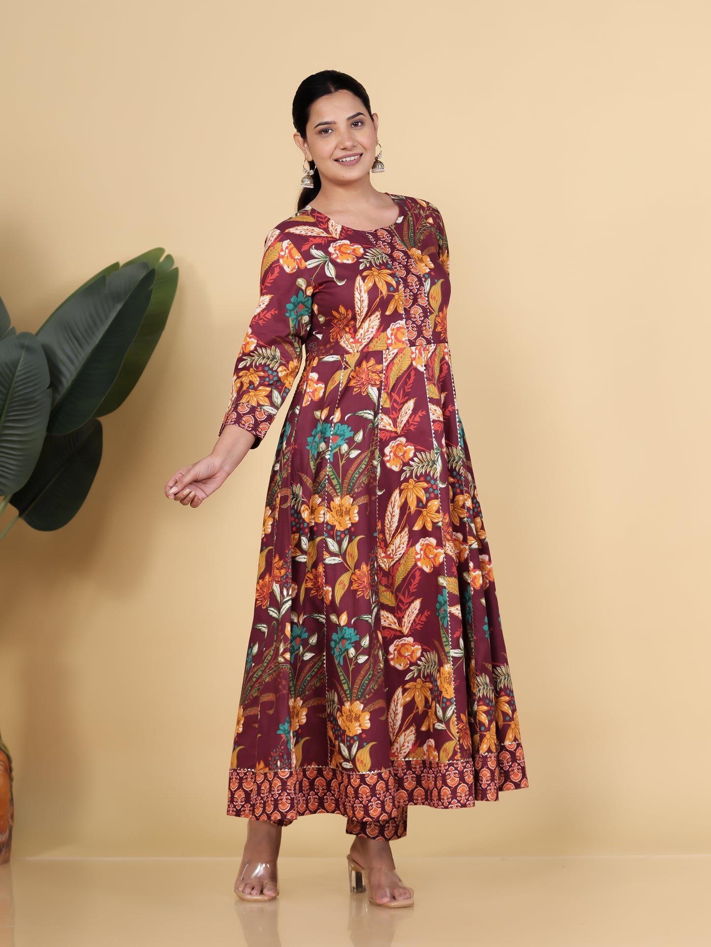 Soft Cotton Floral Anarkali Purple Kurta