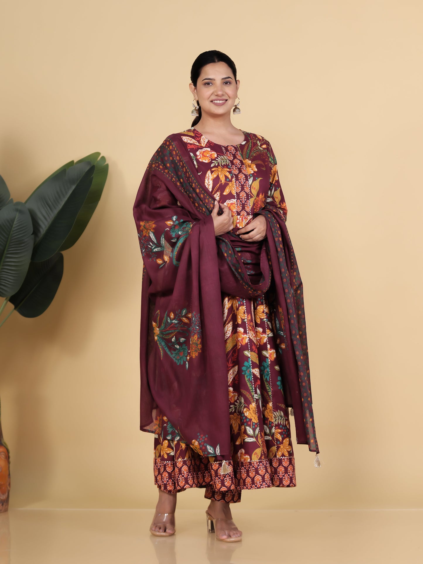 Soft Cotton Floral Anarkali Purple Kurta