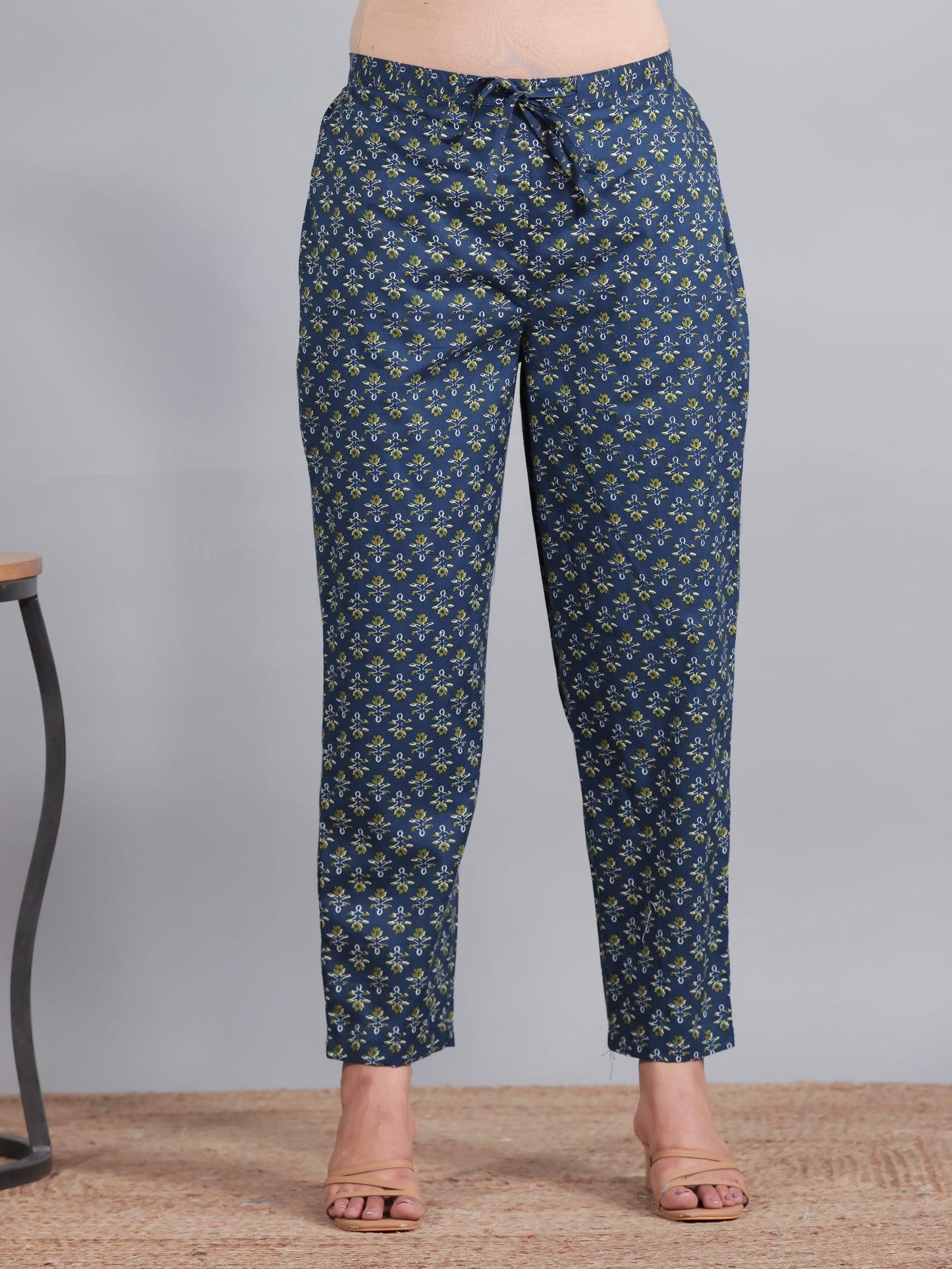 Soft Cotton Butti Blue Tapered Tapered Trousers
