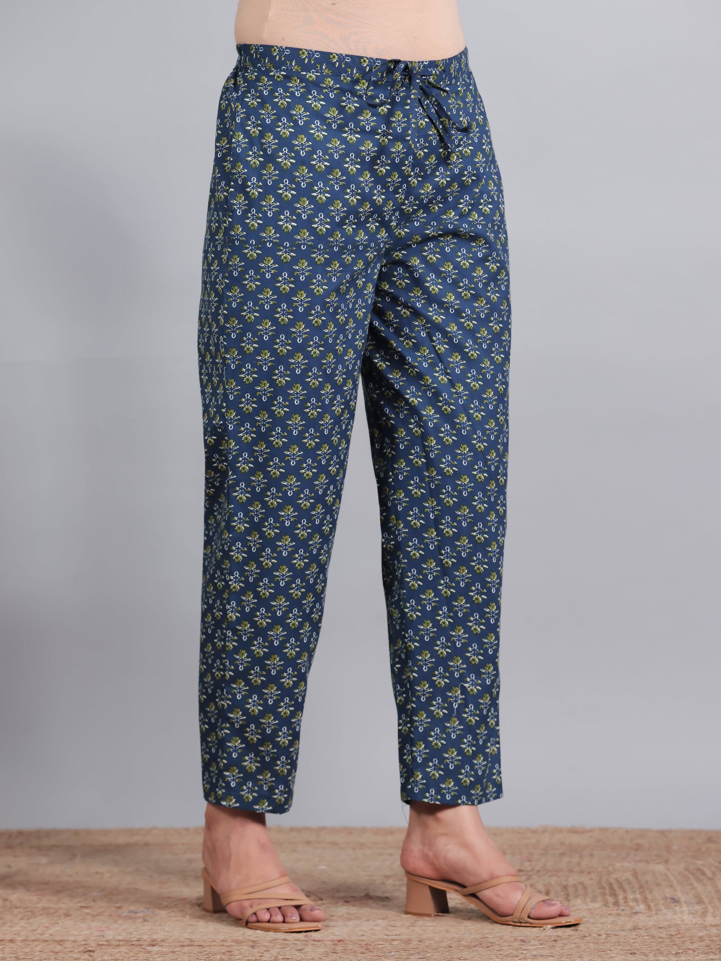 Soft Cotton Butti Blue Tapered Tapered Trousers