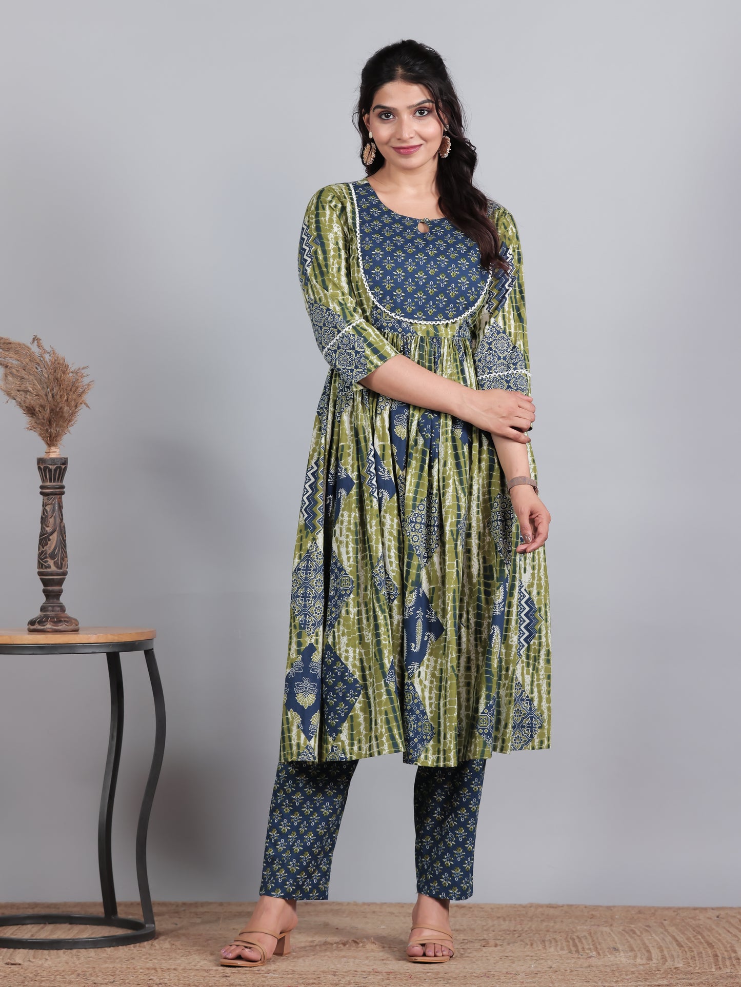 Soft Cotton Geometric Gathered Blue Kurta