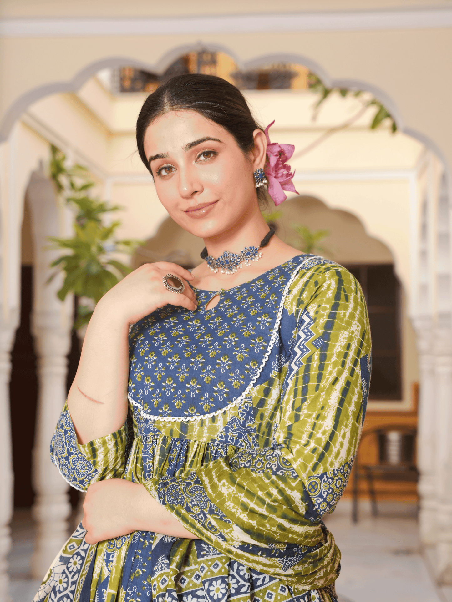 Soft Cotton Geometric Gathered Blue Kurta