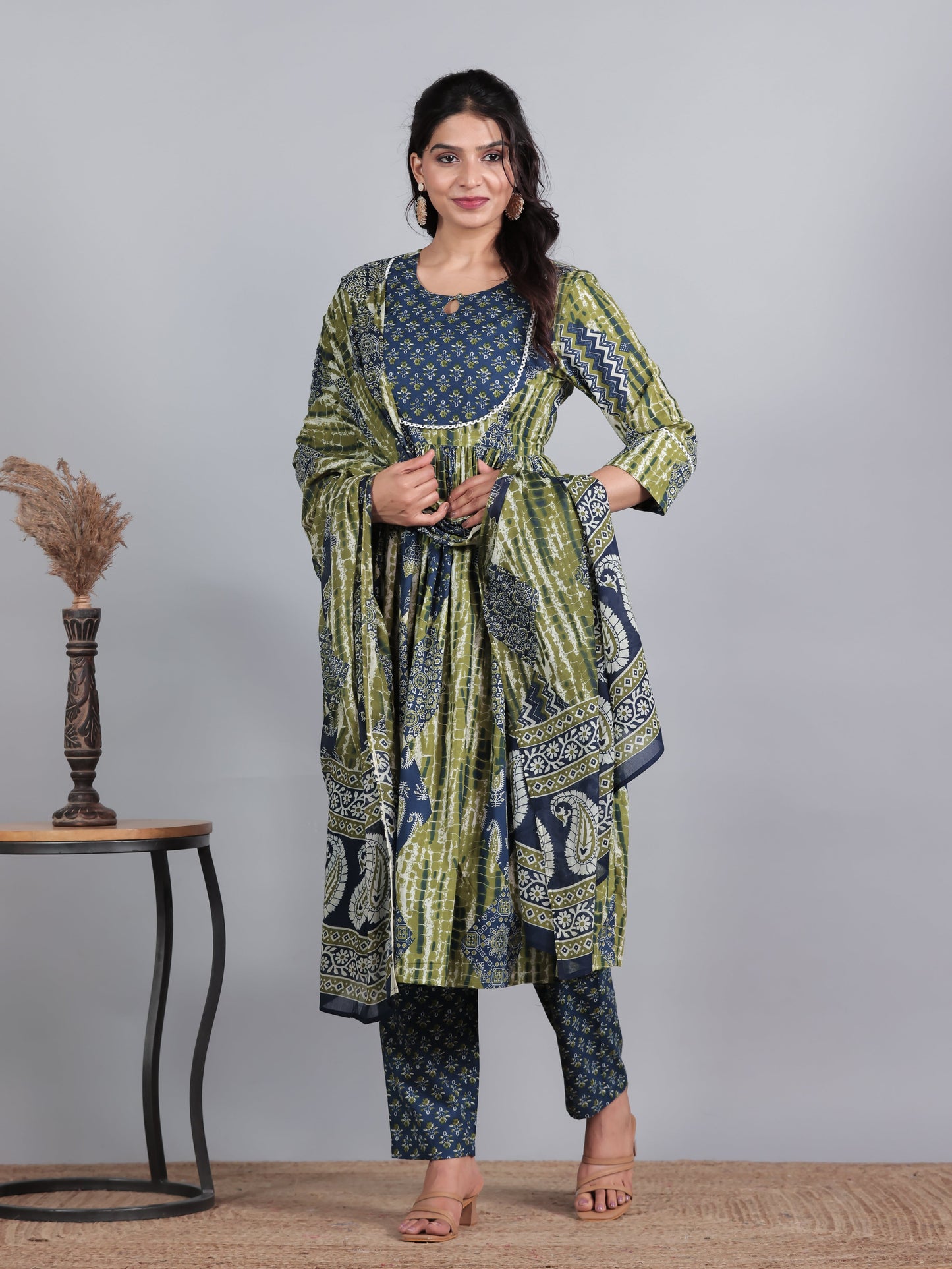 Soft Cotton Geometric Gathered Blue Kurta