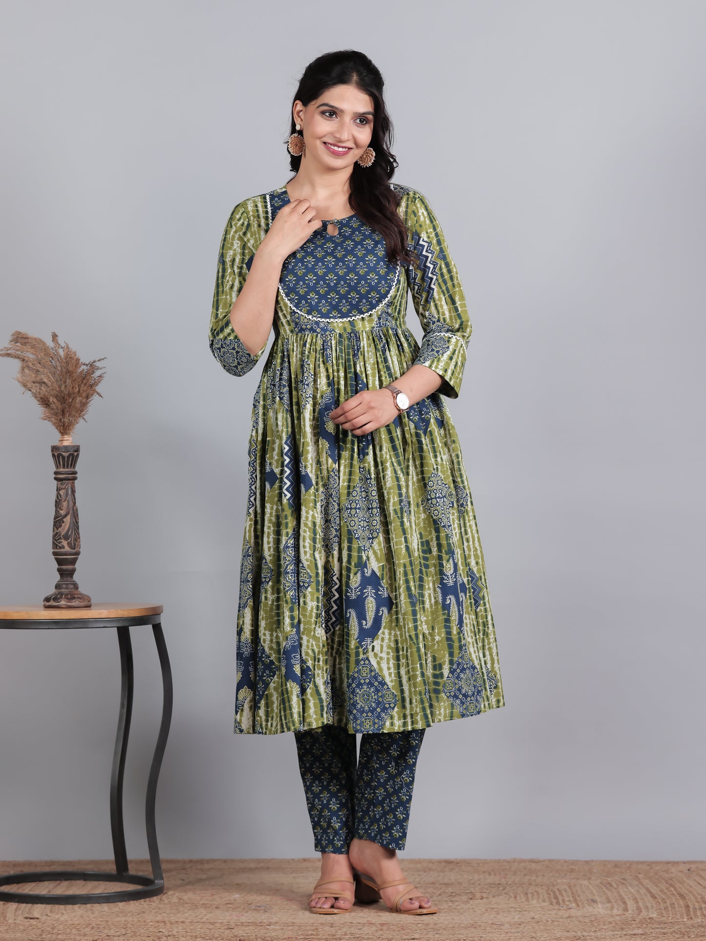 Soft Cotton Geometric Gathered Blue Kurta