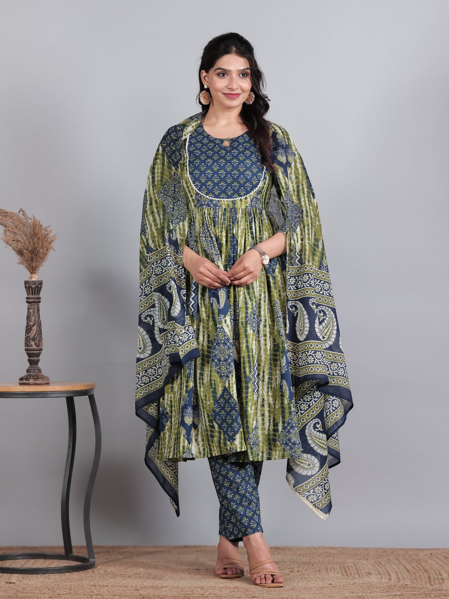 Soft Cotton Geometric Gathered Blue Kurta