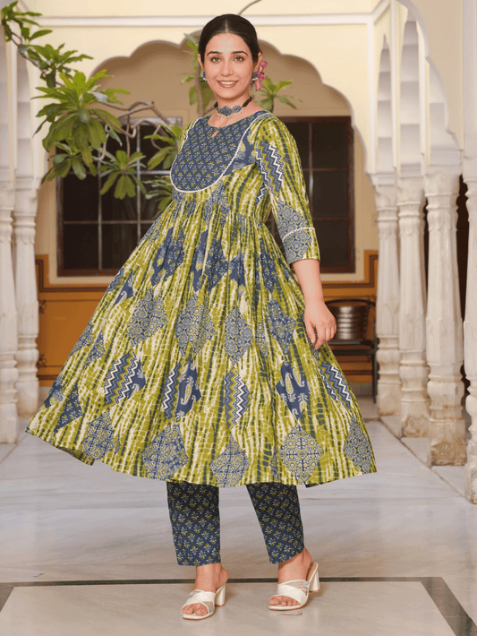 Soft Cotton Geometric Gathered Blue Kurta
