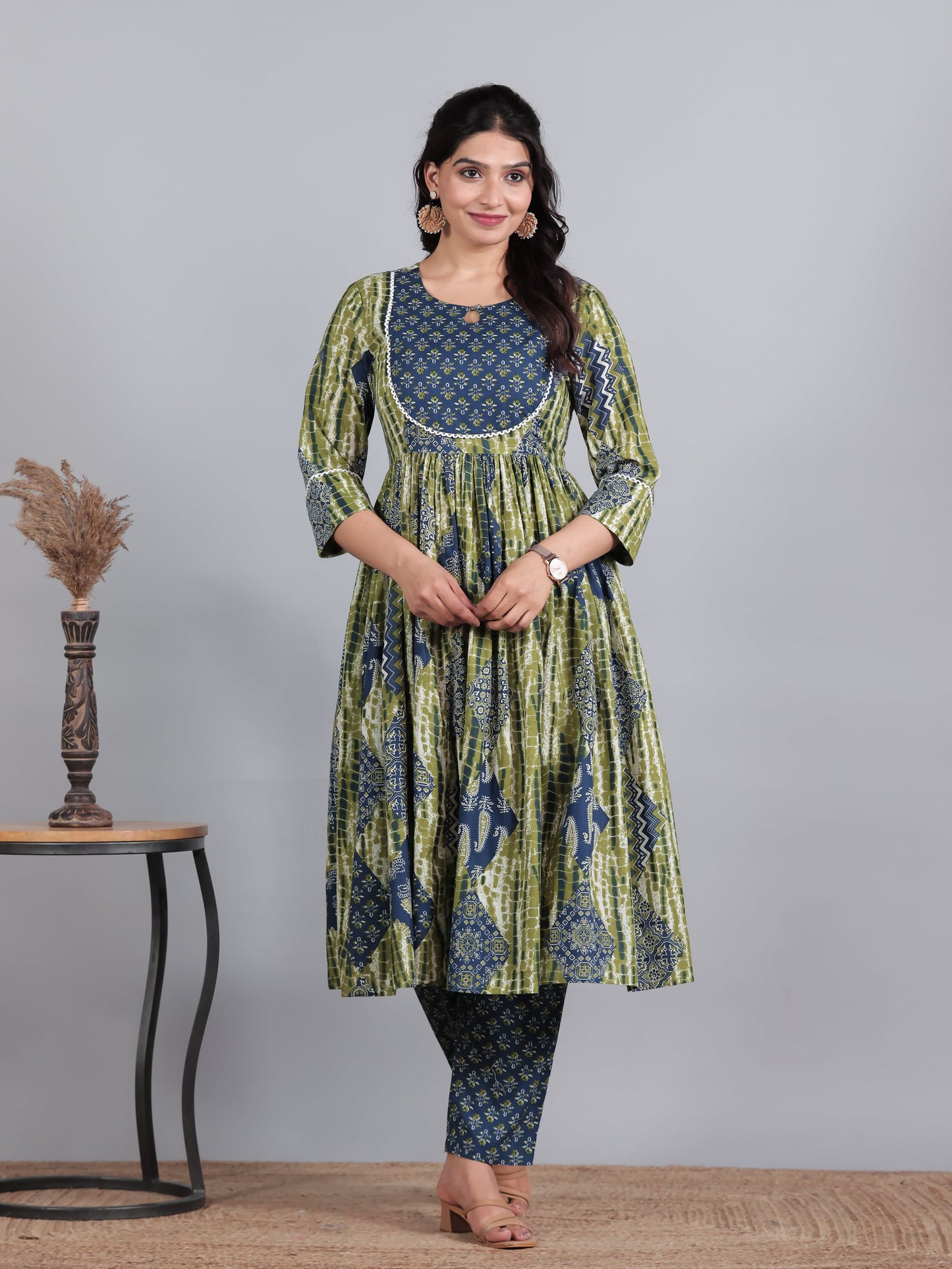 Soft Cotton Geometric Gathered Blue Kurta