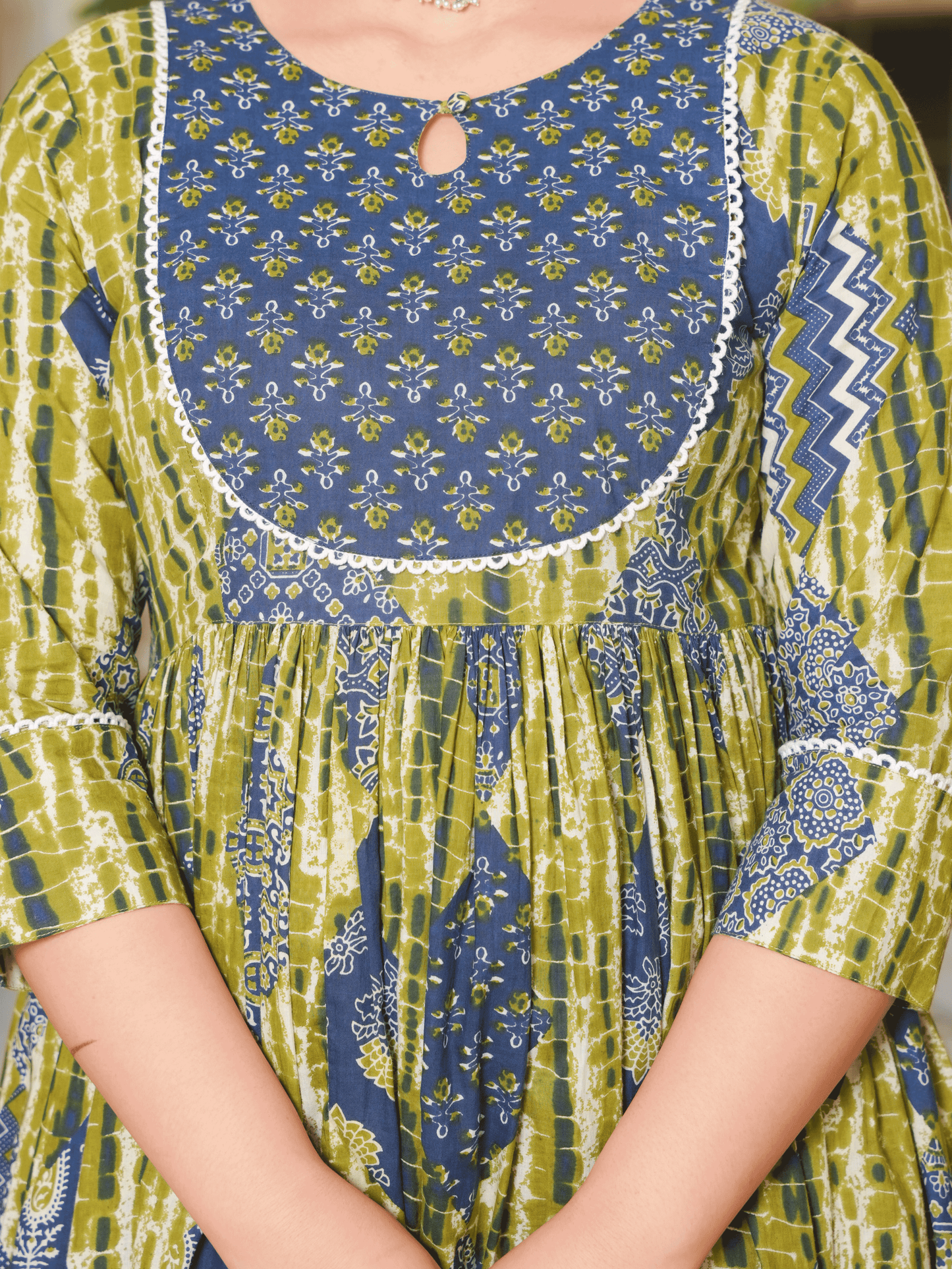 Soft Cotton Geometric Gathered Blue Kurta