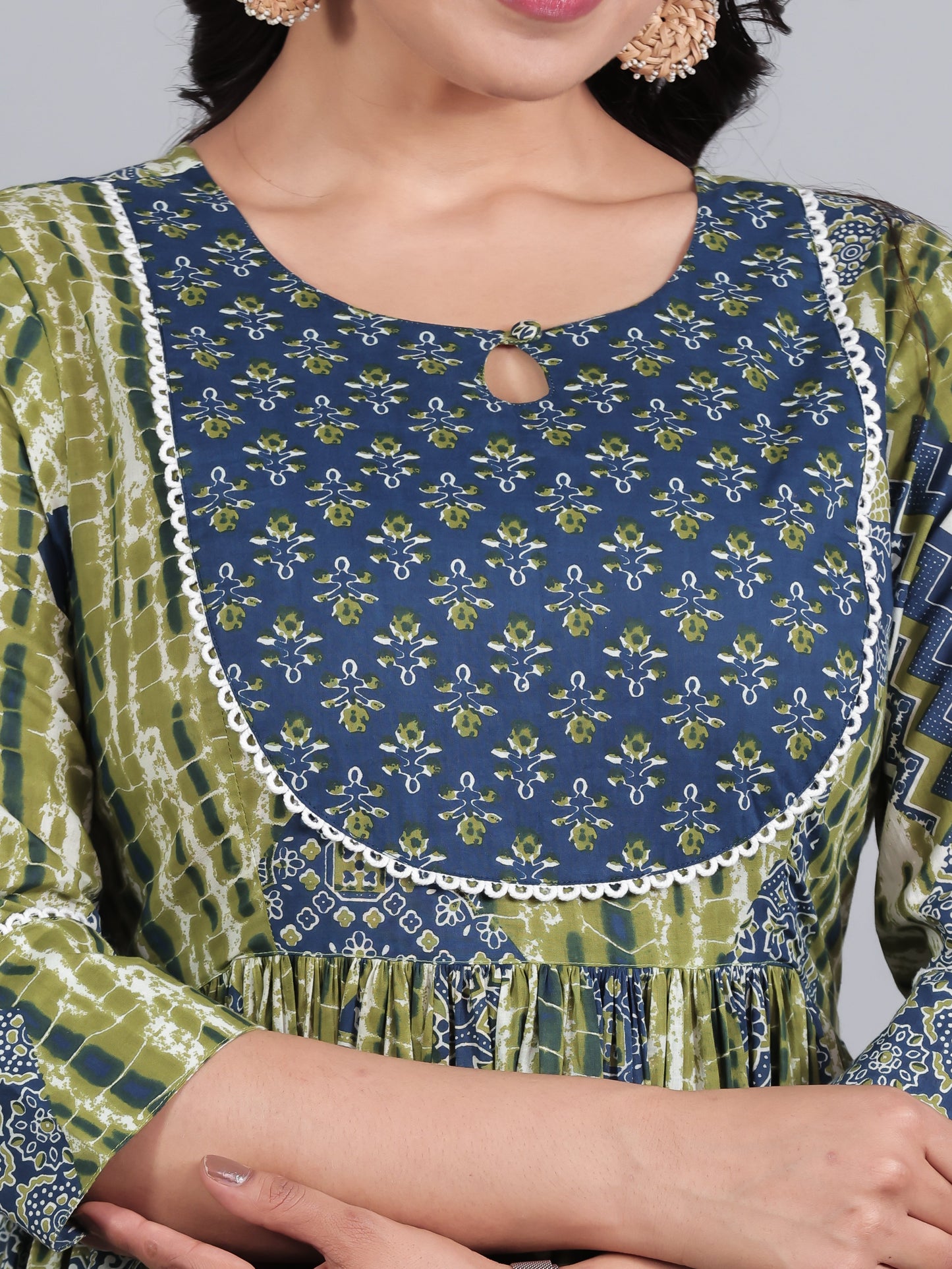 Soft Cotton Geometric Gathered Blue Kurta
