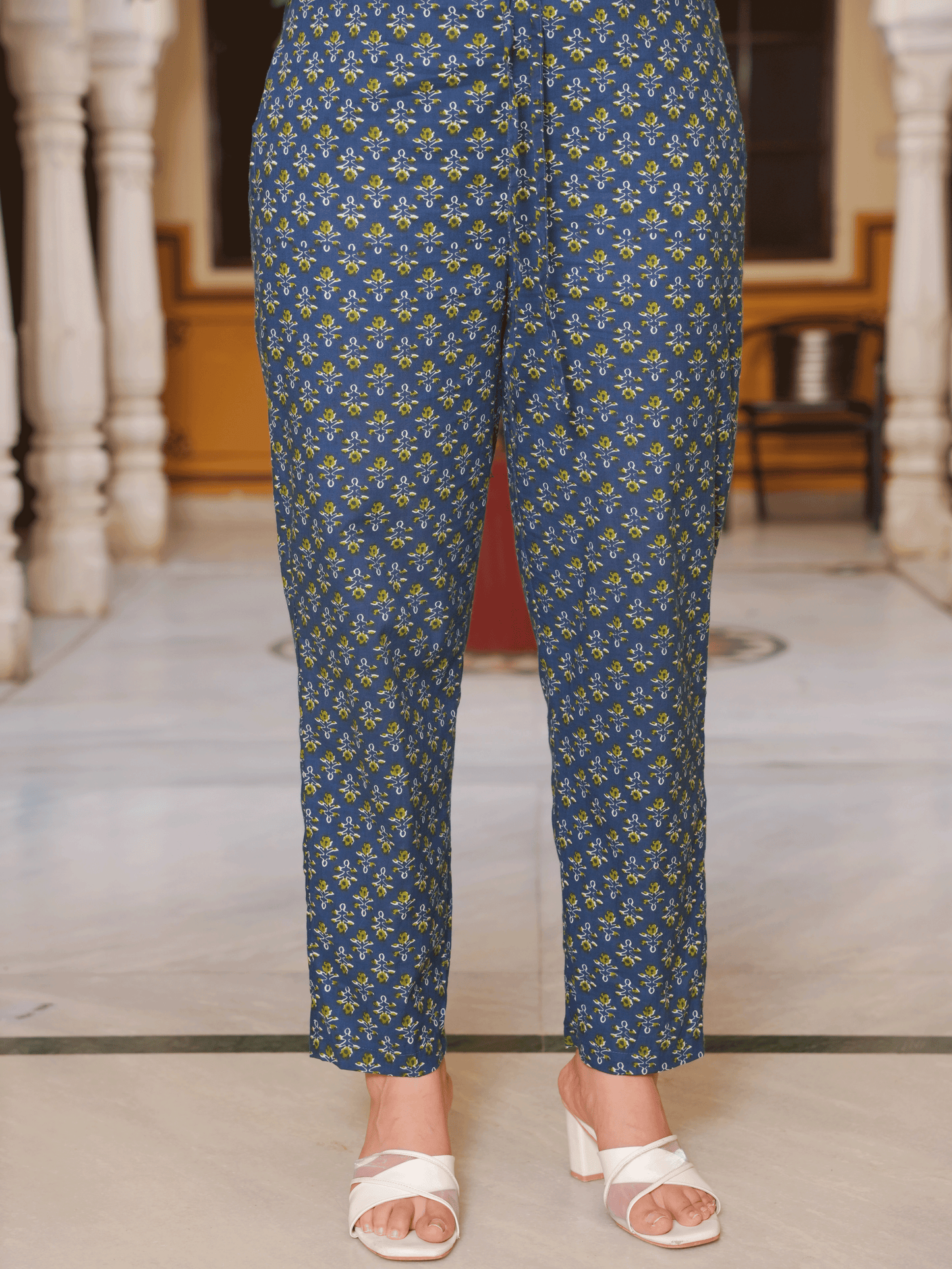 Soft Cotton Geometric Gathered Blue Kurta