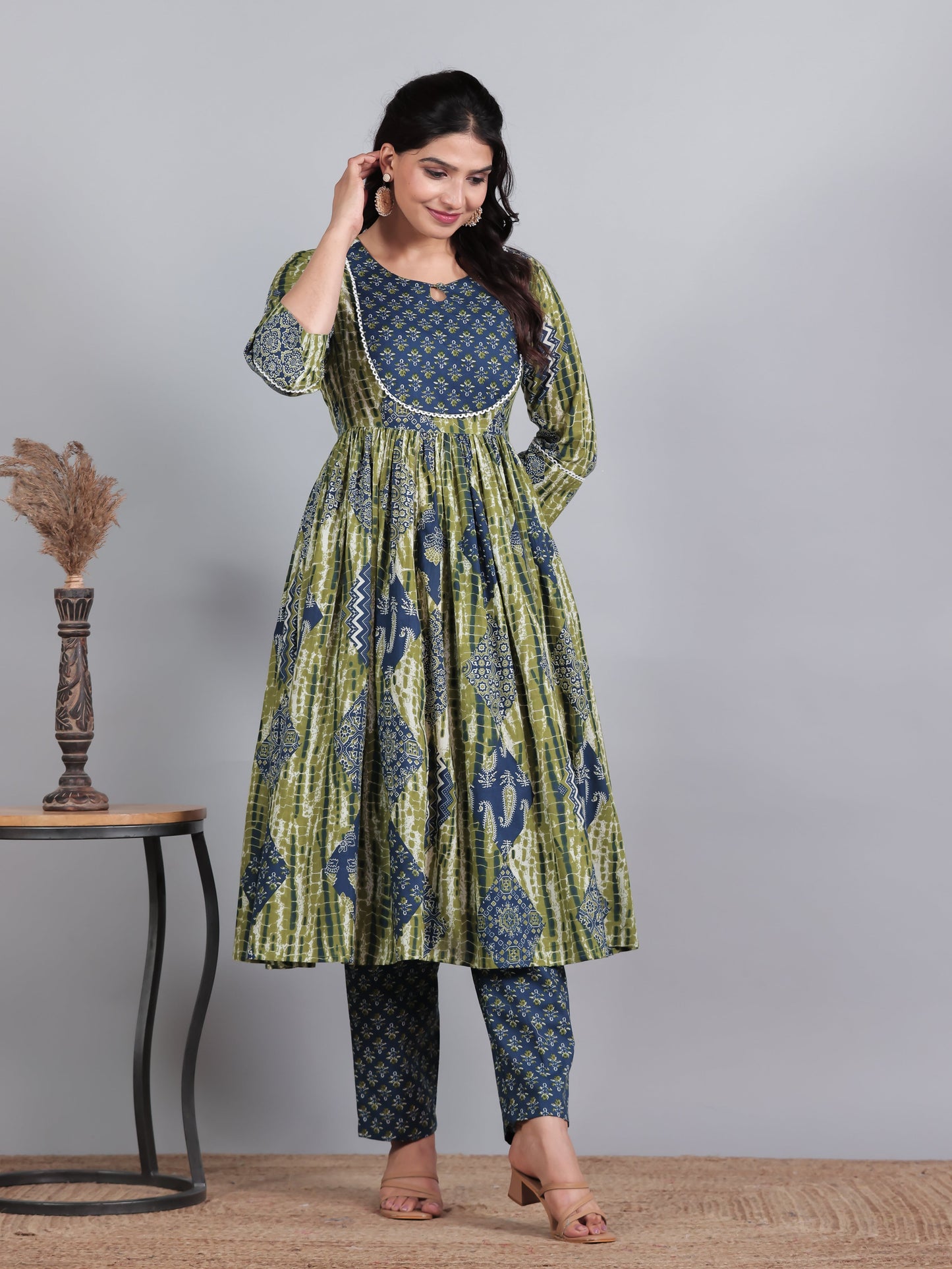Soft Cotton Geometric Gathered Blue Kurta