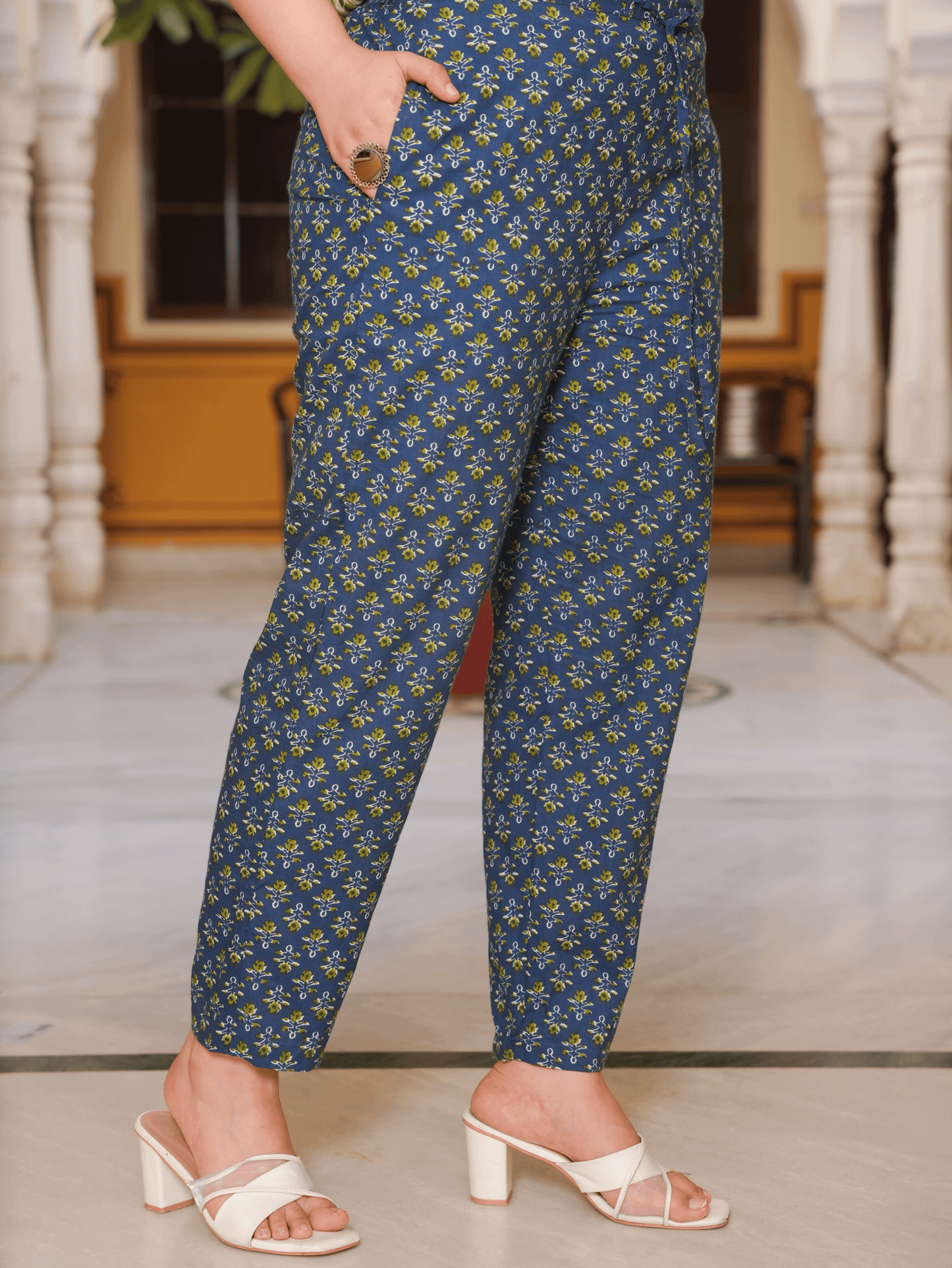 Soft Cotton Geometric Gathered Blue Kurta