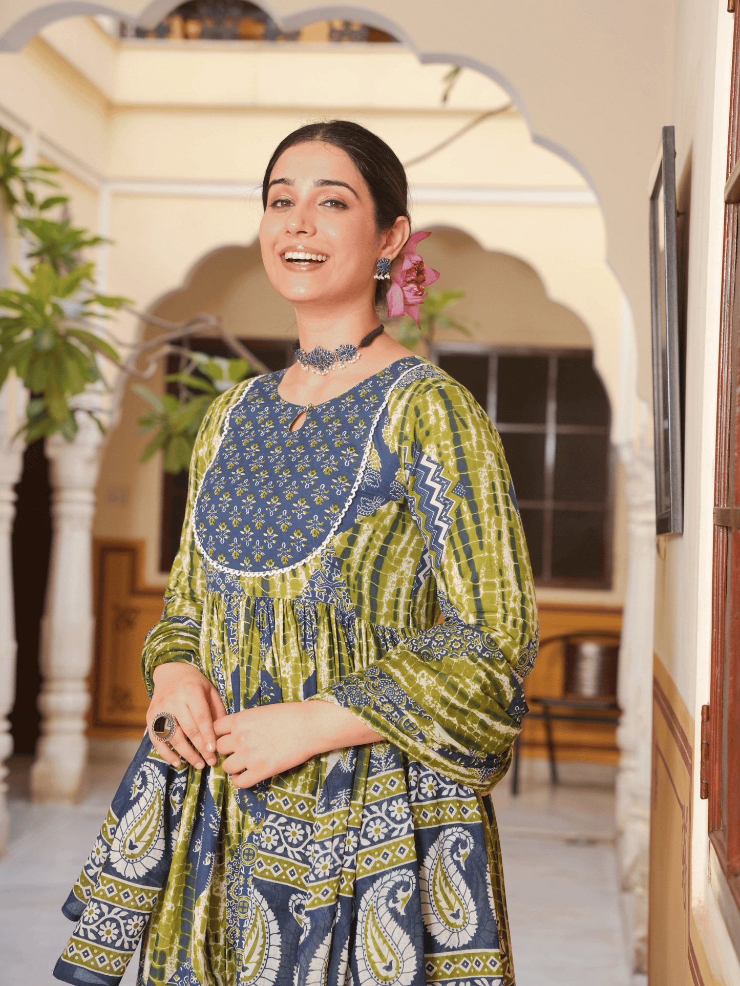 Soft Cotton Geometric Gathered Blue Kurta
