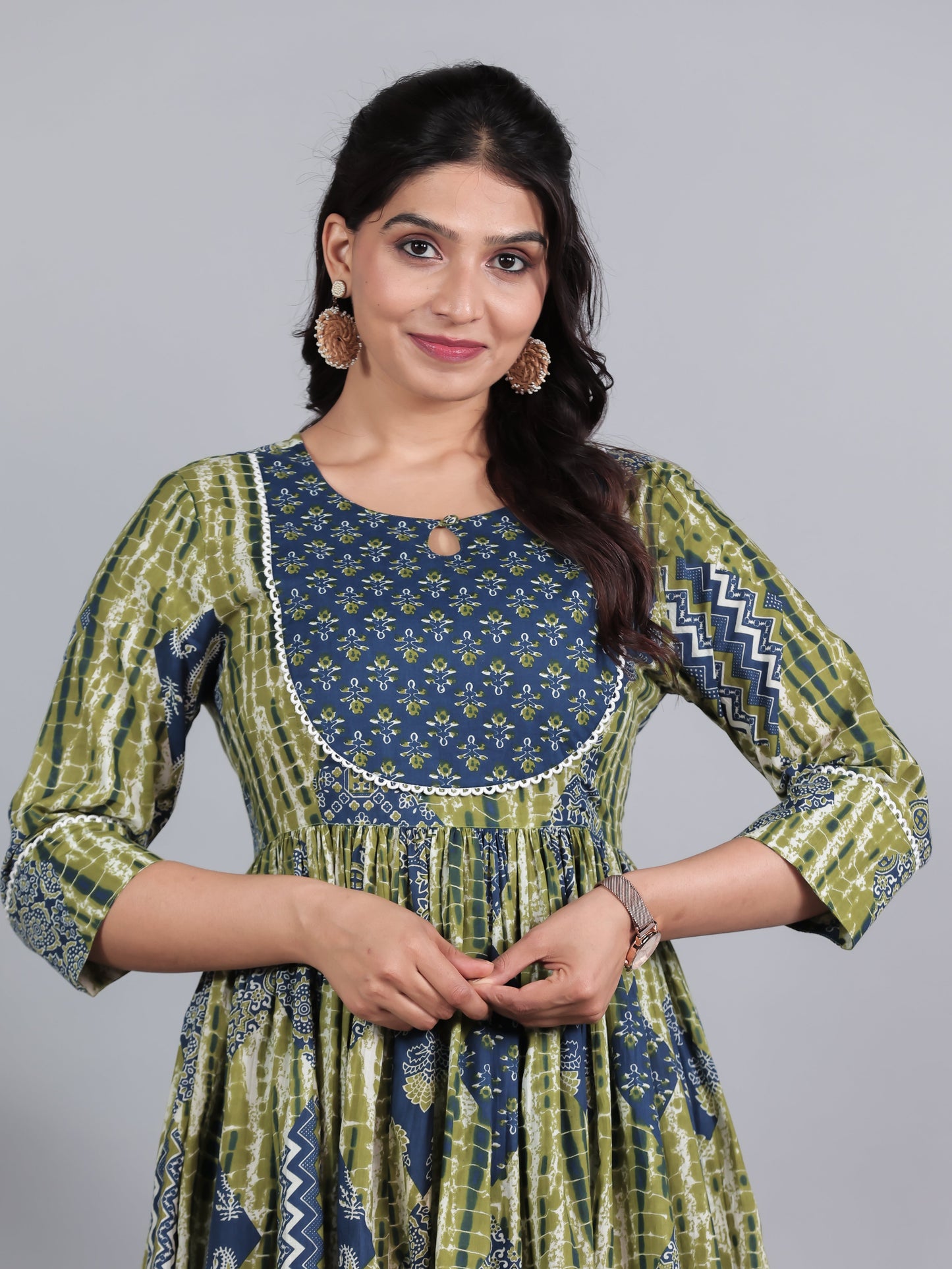 Soft Cotton Geometric Gathered Blue Kurta