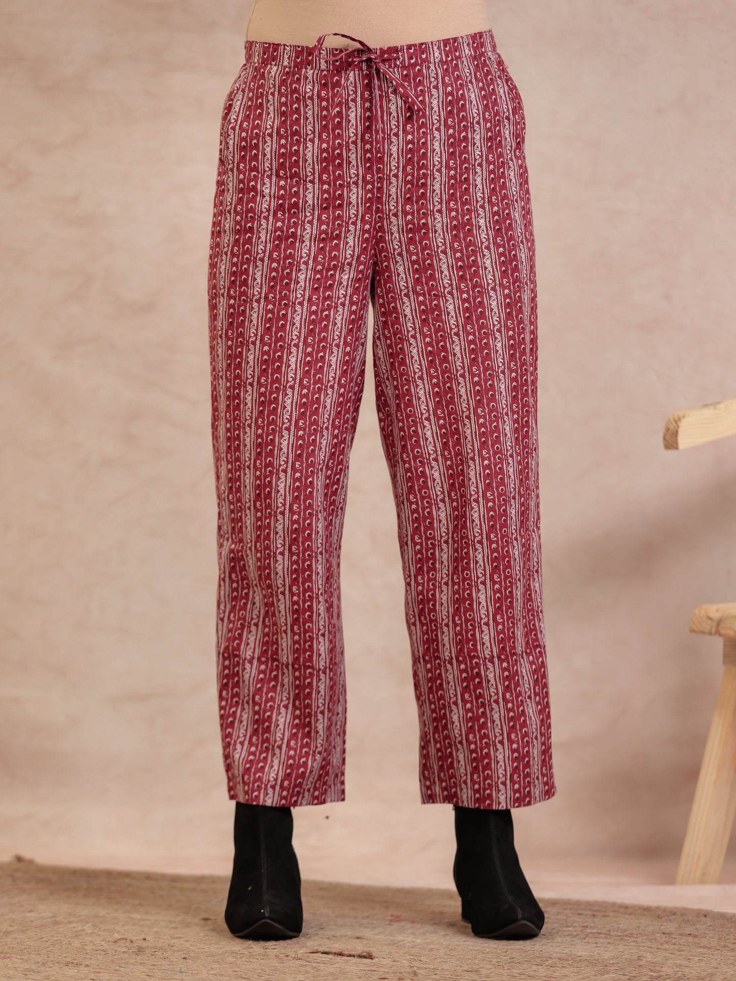 Soft Cotton Geometric Beige Straight Trousers