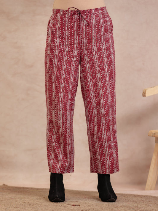 Soft Cotton Geometric Beige Straight Trousers