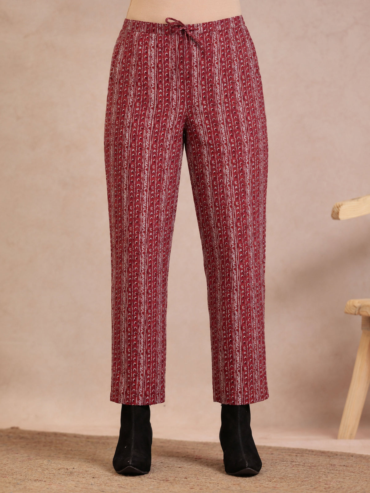 Soft Cotton Geometric Beige Straight Trousers