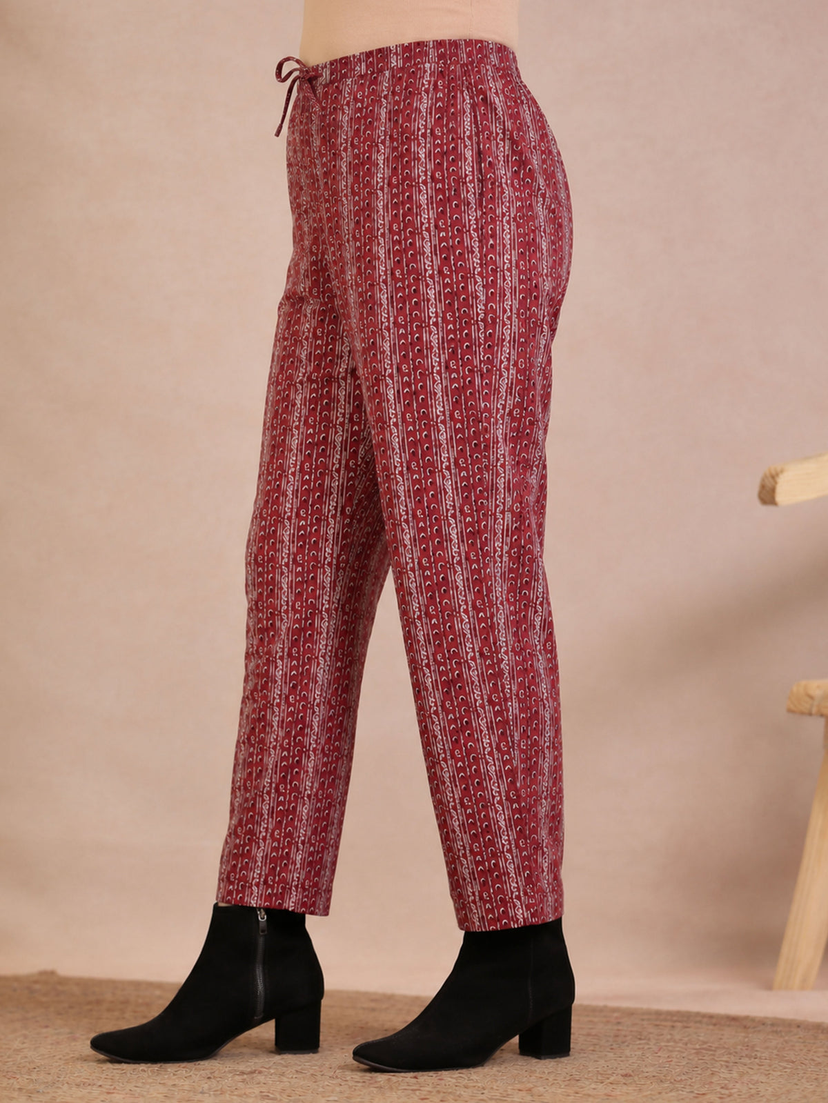 Soft Cotton Geometric Beige Straight Trousers