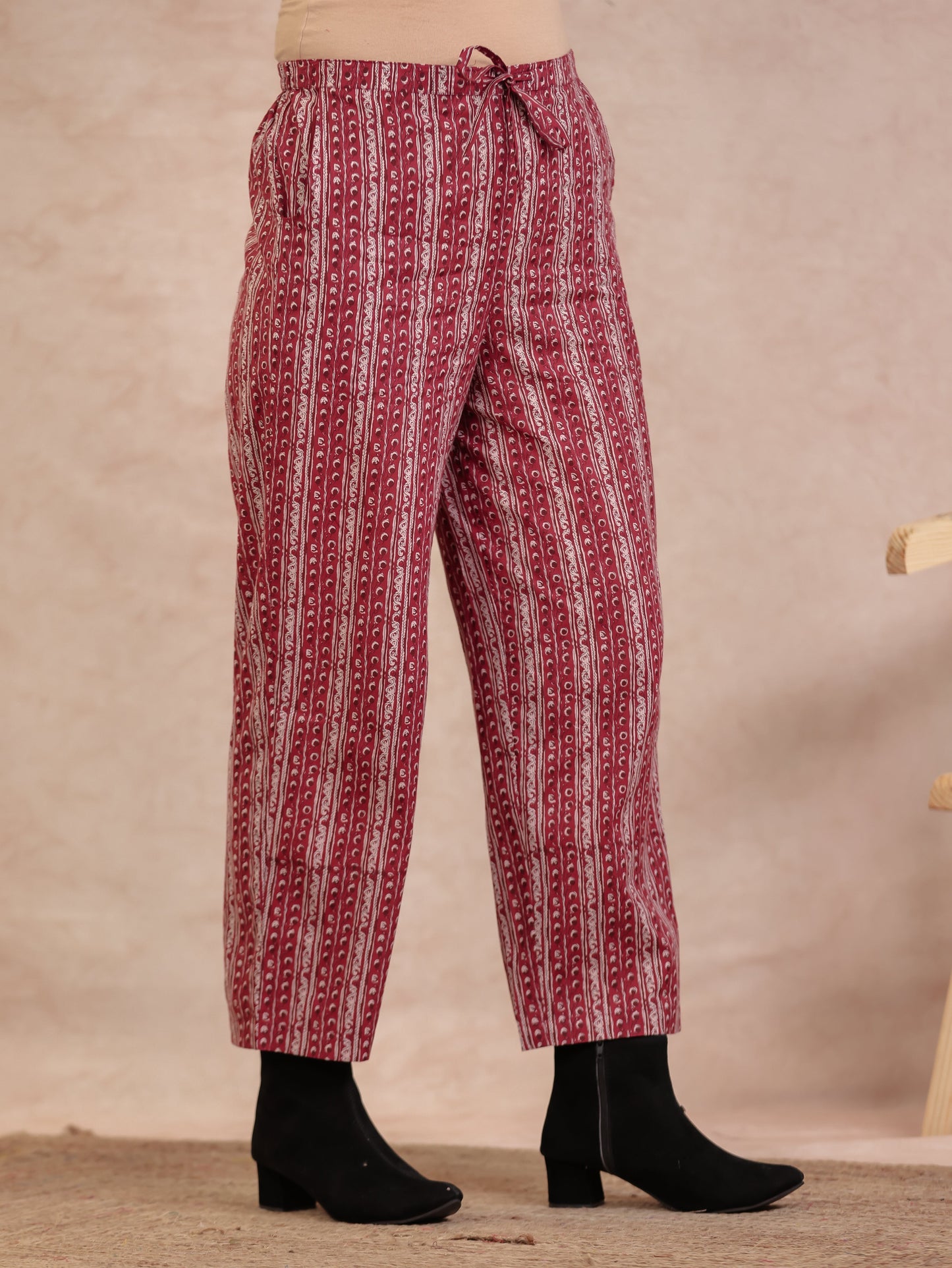 Soft Cotton Geometric Beige Straight Trousers