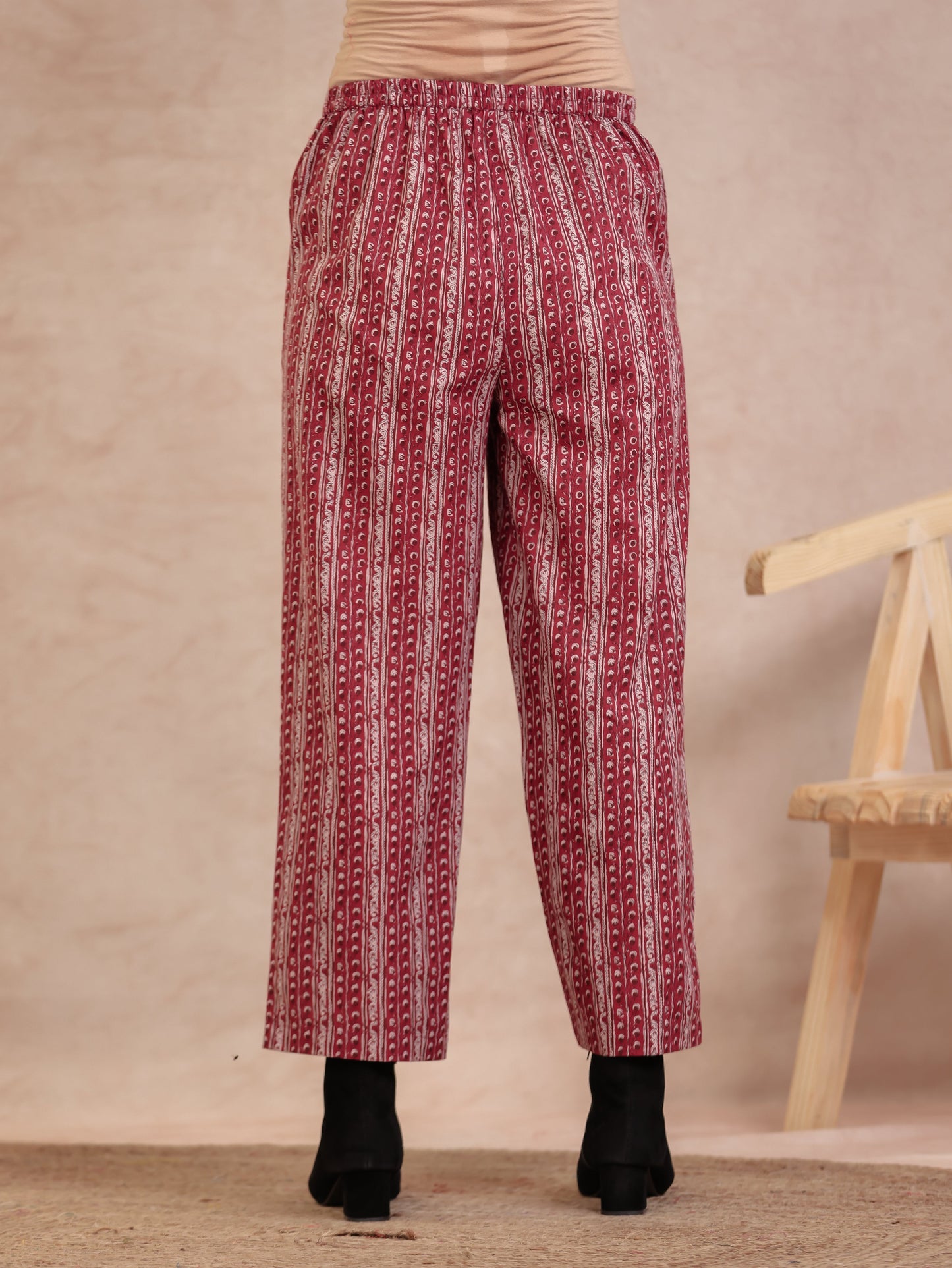 Soft Cotton Geometric Beige Straight Trousers