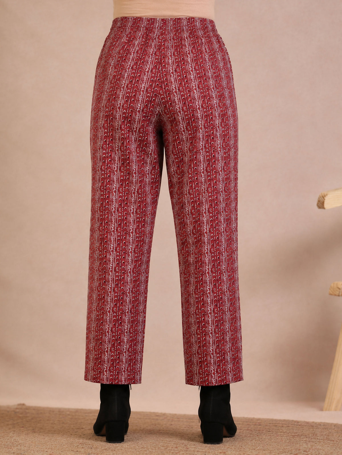 Soft Cotton Geometric Beige Straight Trousers