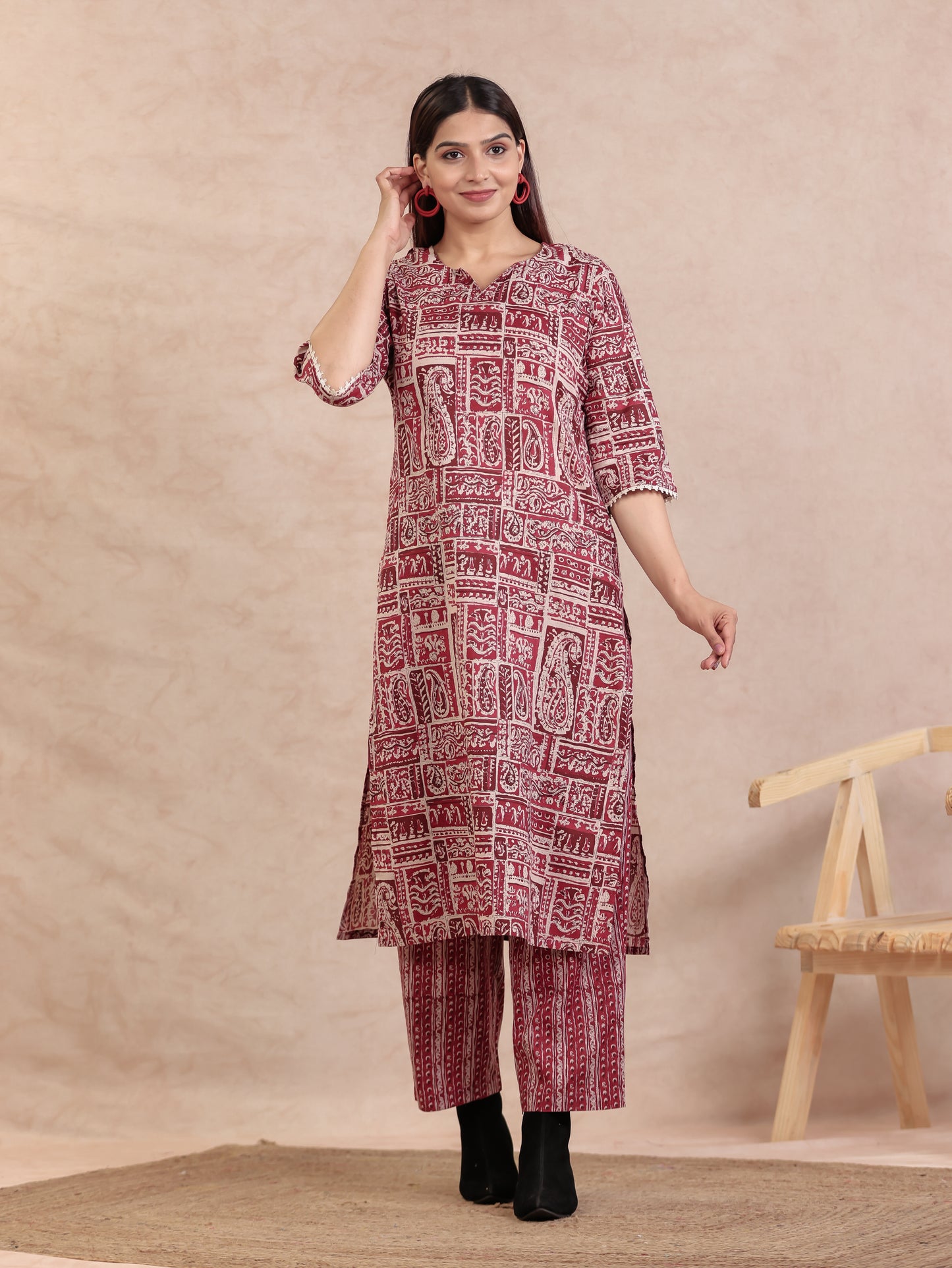 Soft Cotton Paisley Straight Beige Kurta