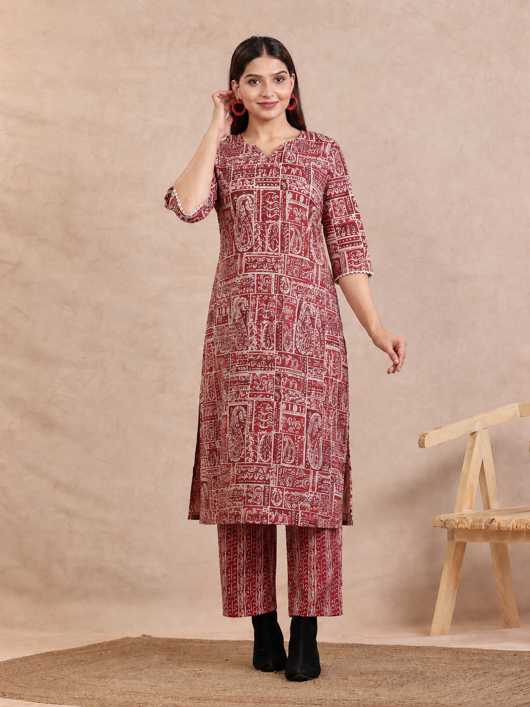 Soft Cotton Paisley Straight Beige Kurta