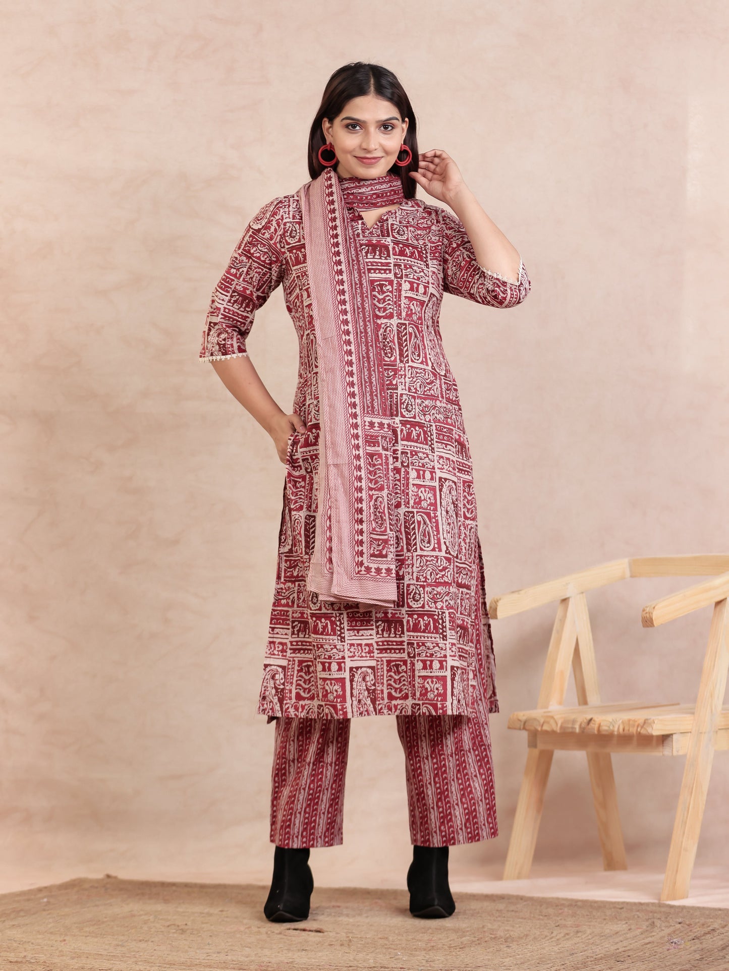 Soft Cotton Paisley Straight Beige Kurta