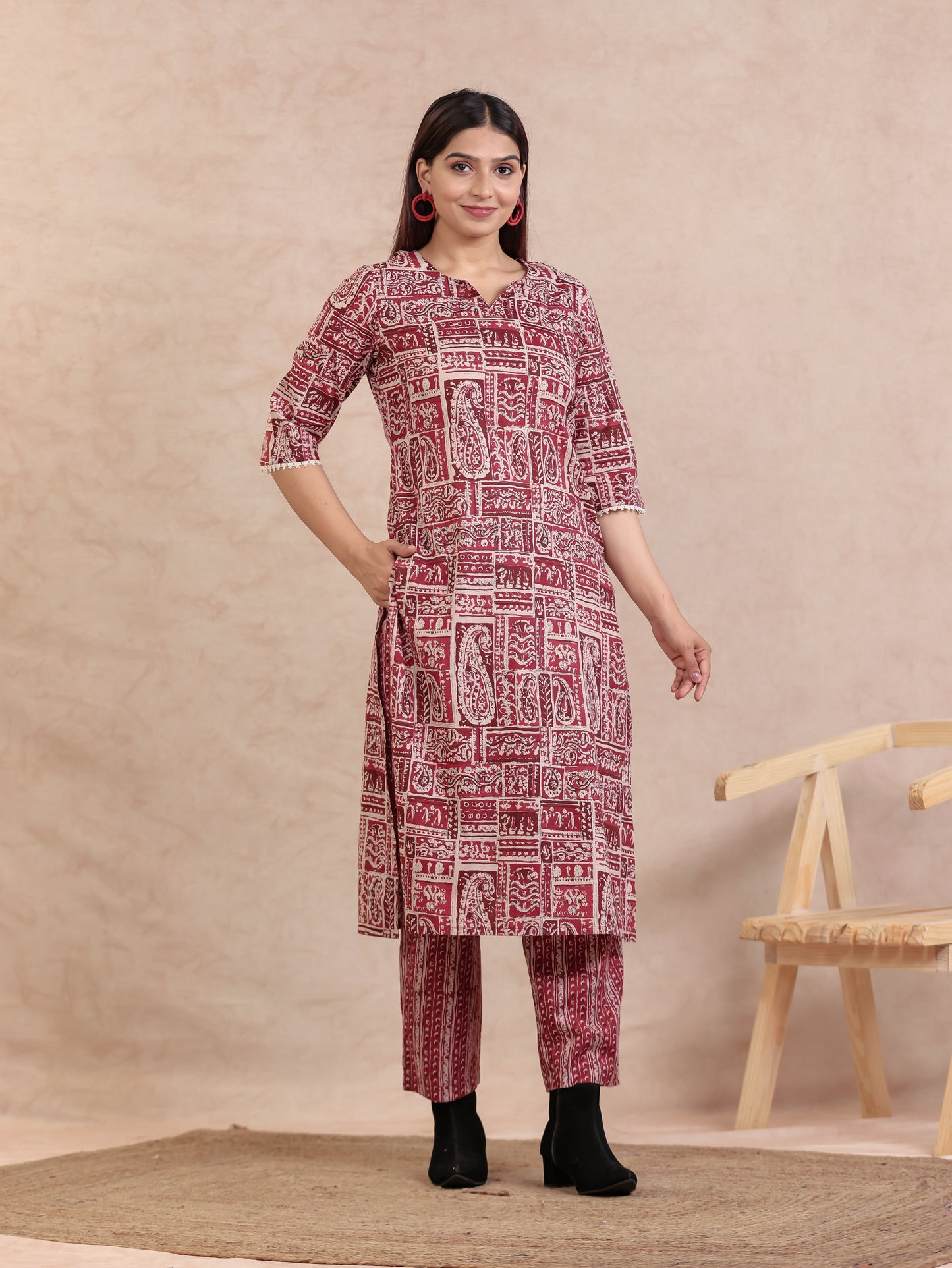 Soft Cotton Paisley Straight Beige Kurta