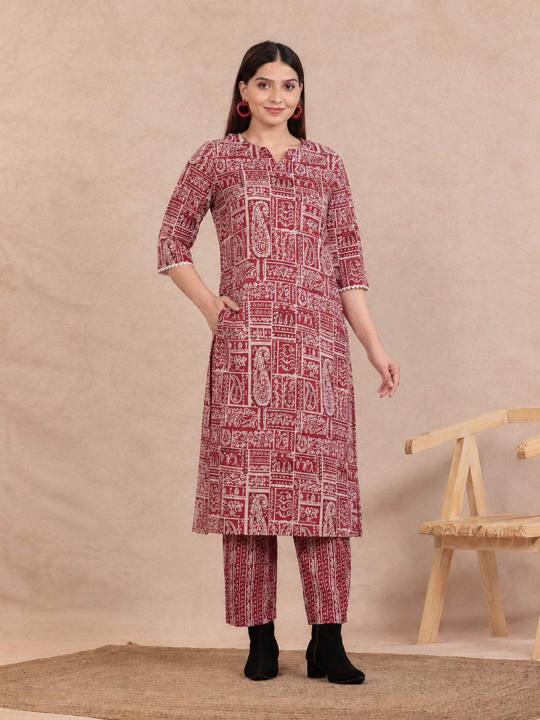 Soft Cotton Paisley Straight Beige Kurta