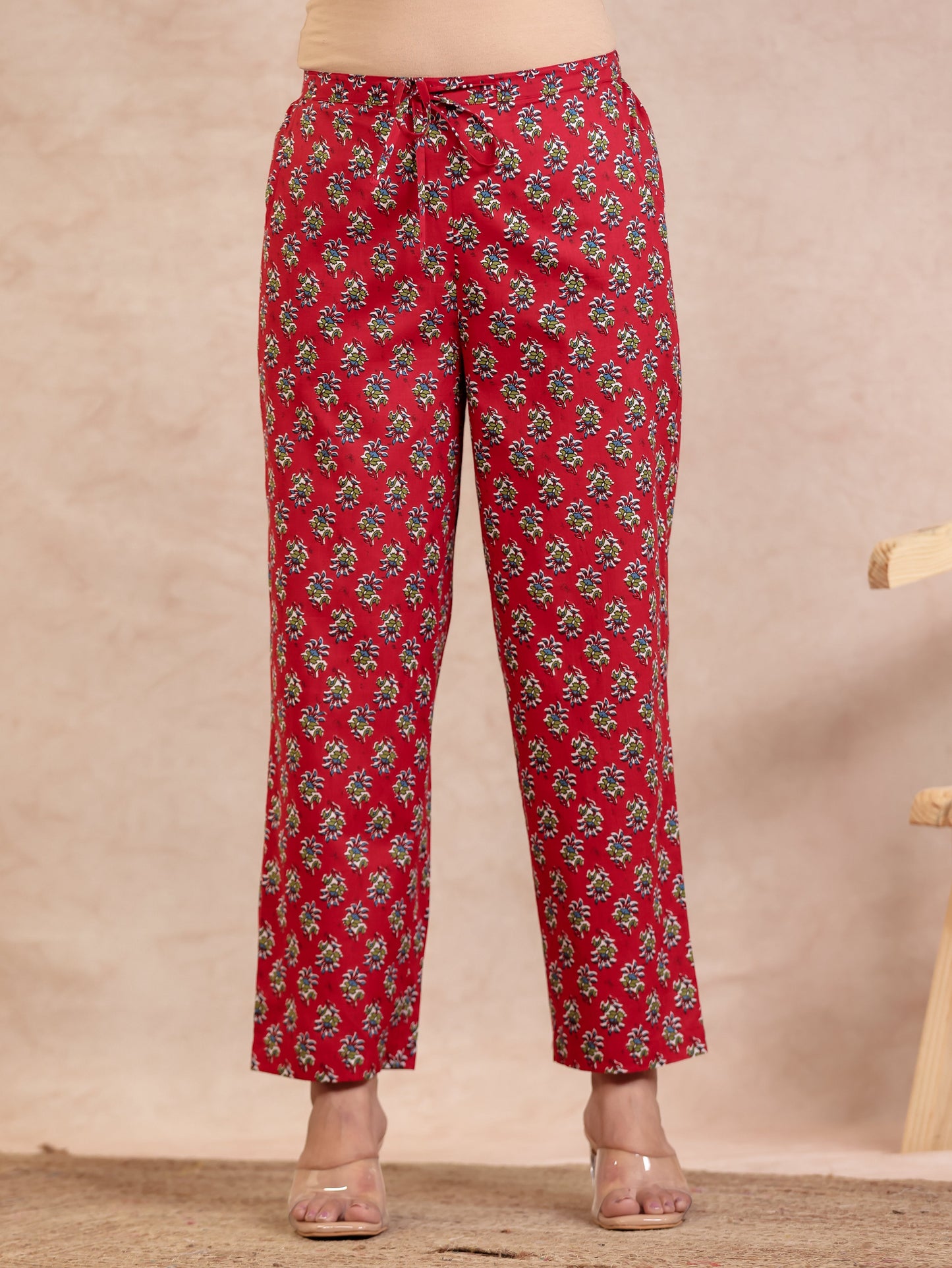Soft Cotton Floral Red Straight Trousers
