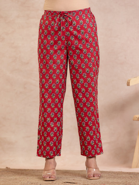 Soft Cotton Floral Red Straight Trousers